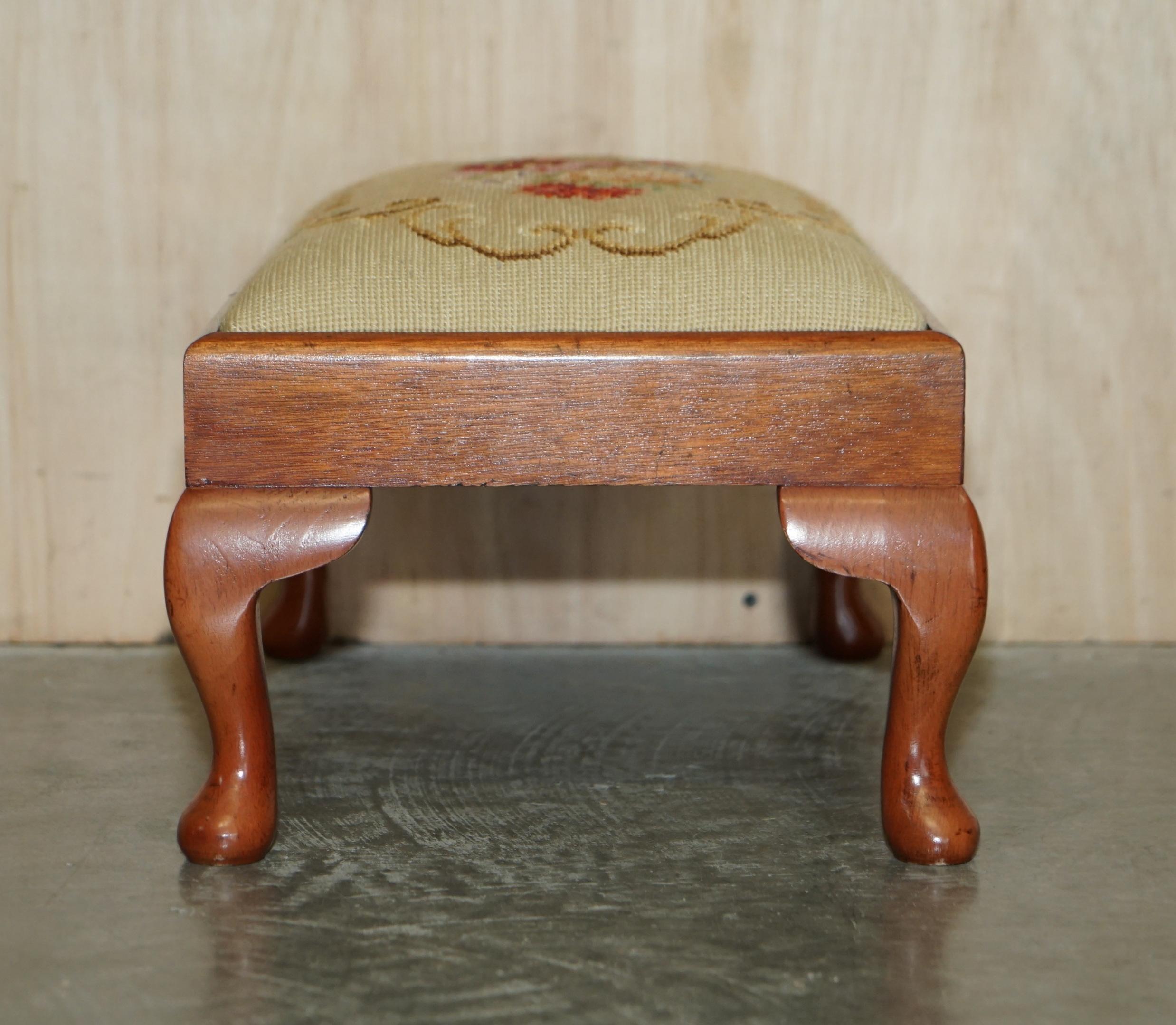 Small Antique Victorian Walnut Cabriole Legged Footstool Embroidered Upholstery For Sale 9