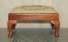 Small Antique Victorian Walnut Cabriole Legged Footstool Embroidered Upholstery