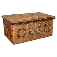 Small Antique Zanzibar Chest, East African Teak, Brass, Travel Trunk, Victorian