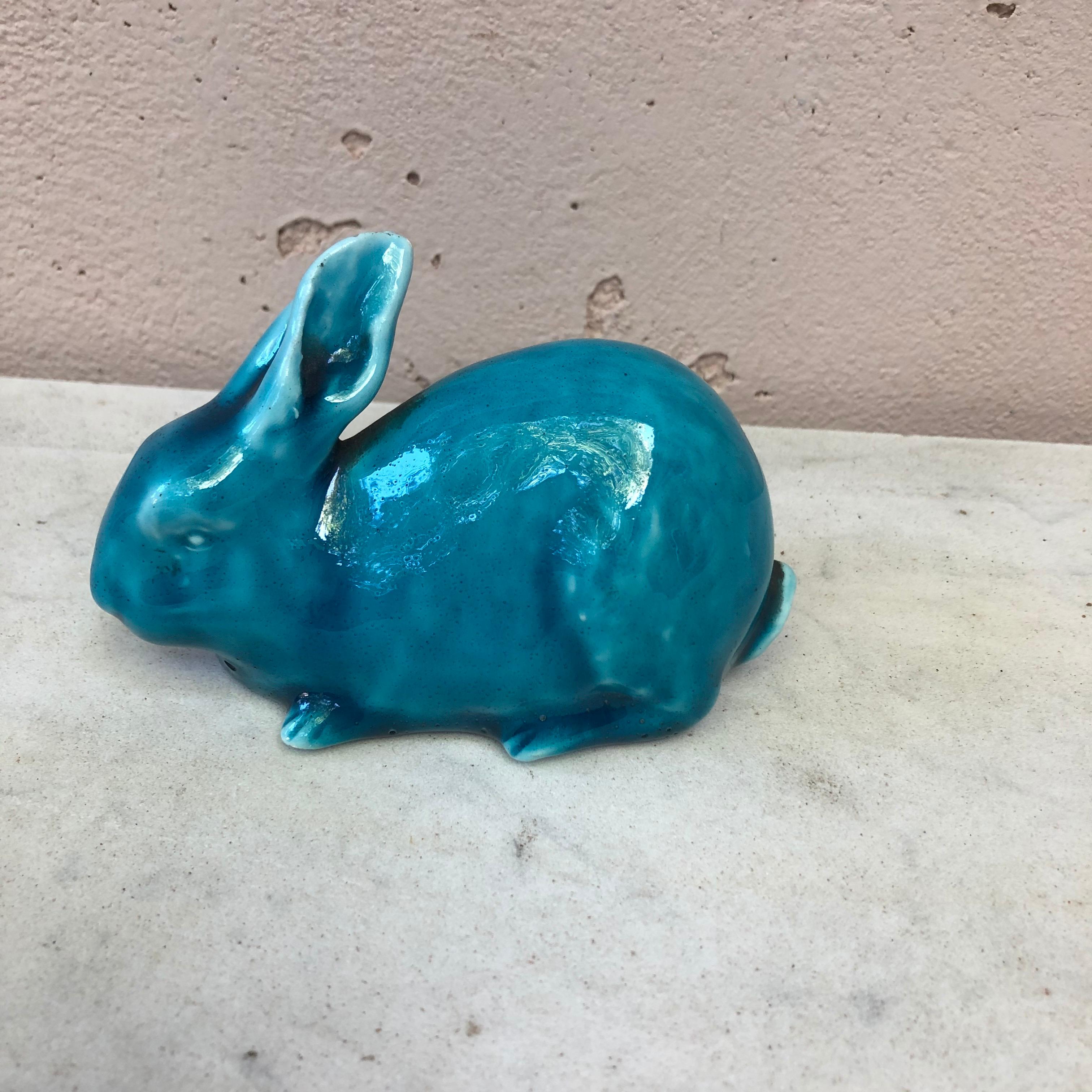 Small aqua turquoise Majolica rabbit attributed to Clement Massier, circa 1900.