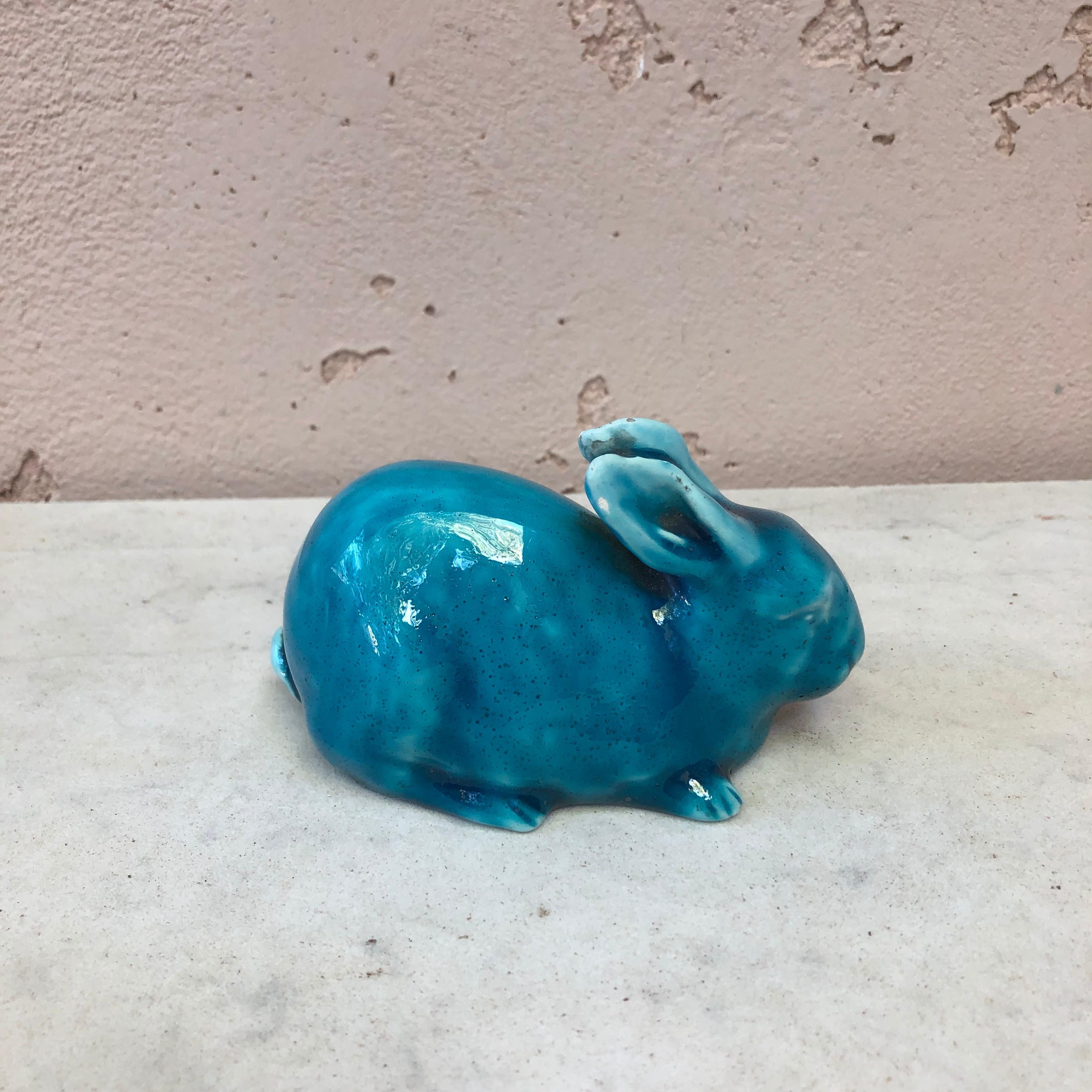 Small Aqua Turquoise Majolica Rabbit Massier, circa 1900 In Good Condition In Austin, TX