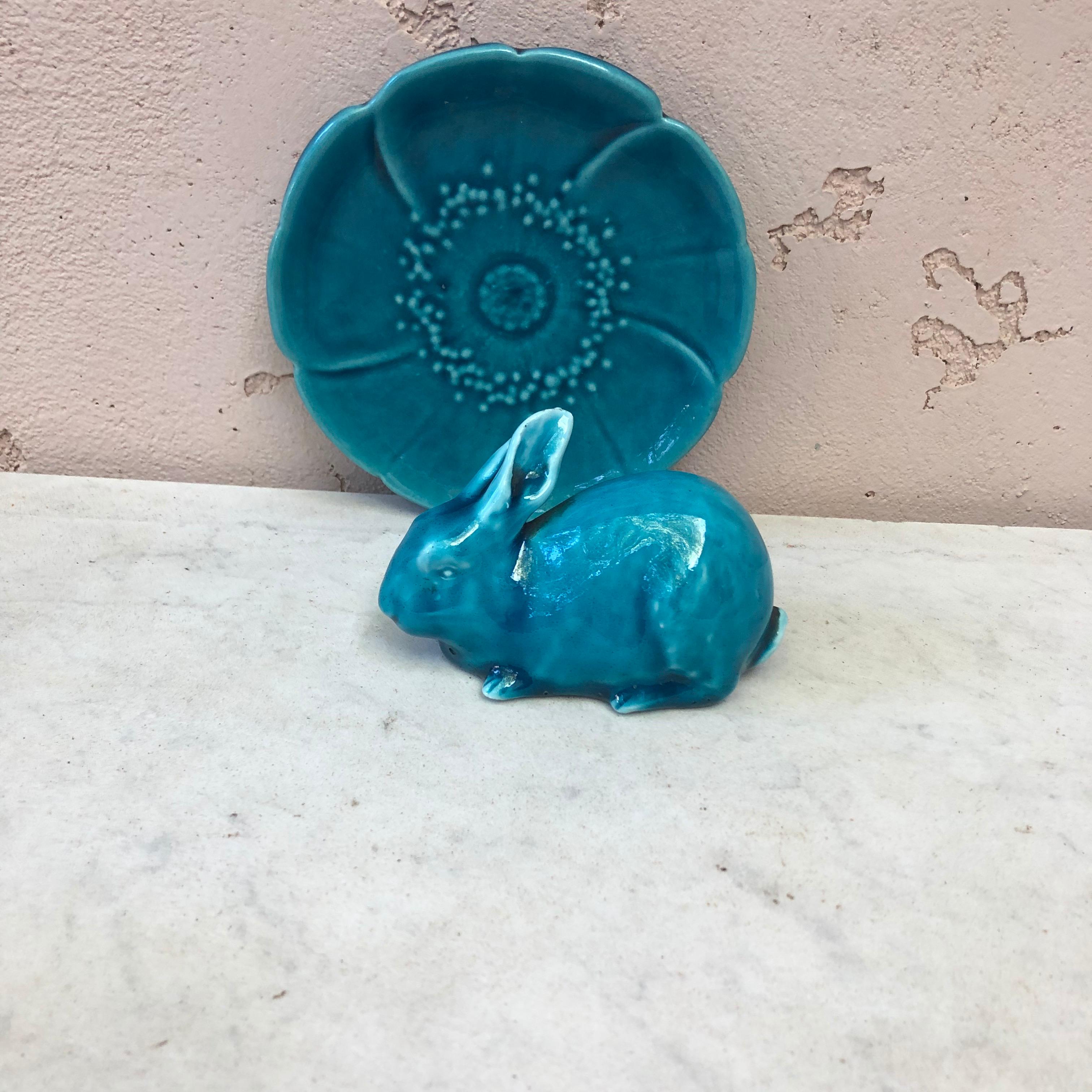 Ceramic Small Aqua Turquoise Majolica Rabbit Massier, circa 1900