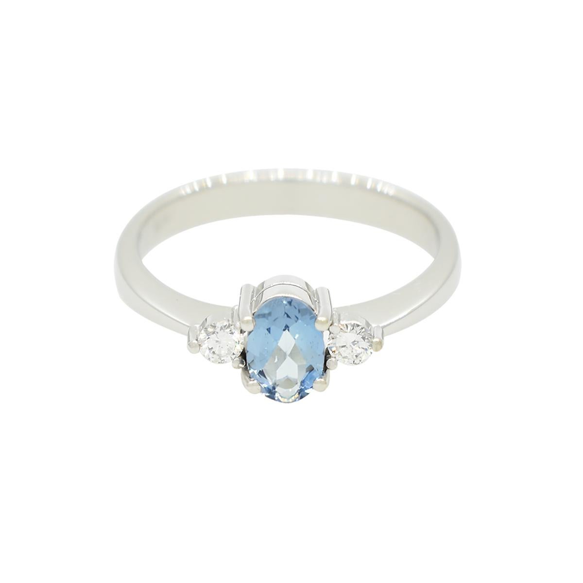 Oval Cut Small Aquamarine Three-Stones Engagement Ring in 18K White Gold with Diamonds For Sale