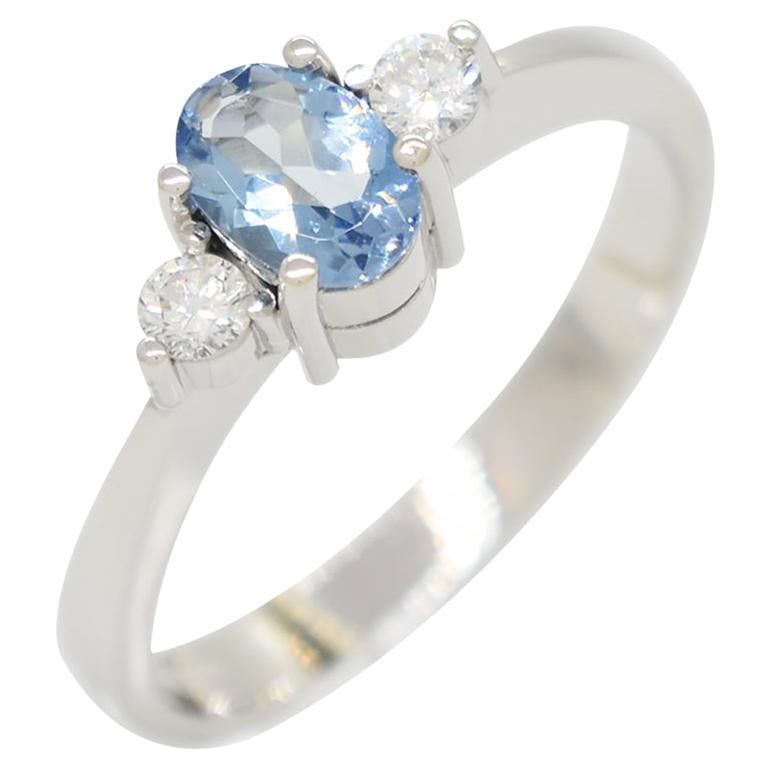 Small Aquamarine Three-Stones Engagement Ring in 18K White Gold with Diamonds For Sale