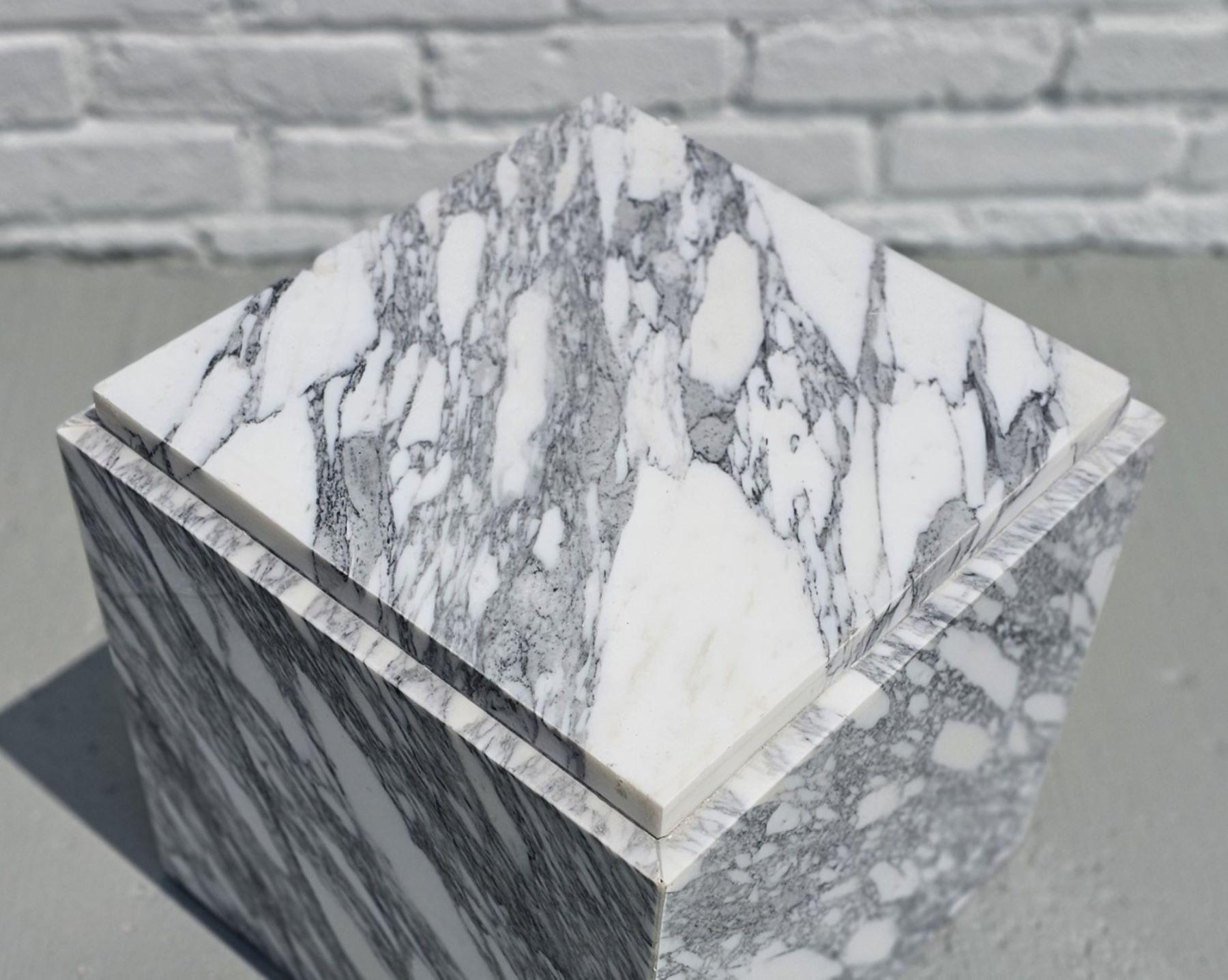 Carved Small Arabescato White Marble Cube End Table For Sale