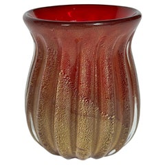 Small Archimede Seguso Vase Murano Glass Red Gold Leaf Venetian 1950s