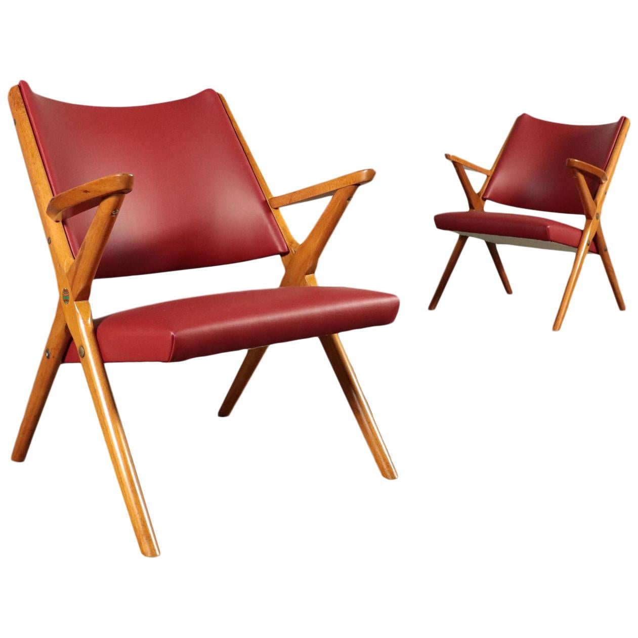 Small Armchairs Stained Beechwood Foam Leatherette, Italy, 1950s