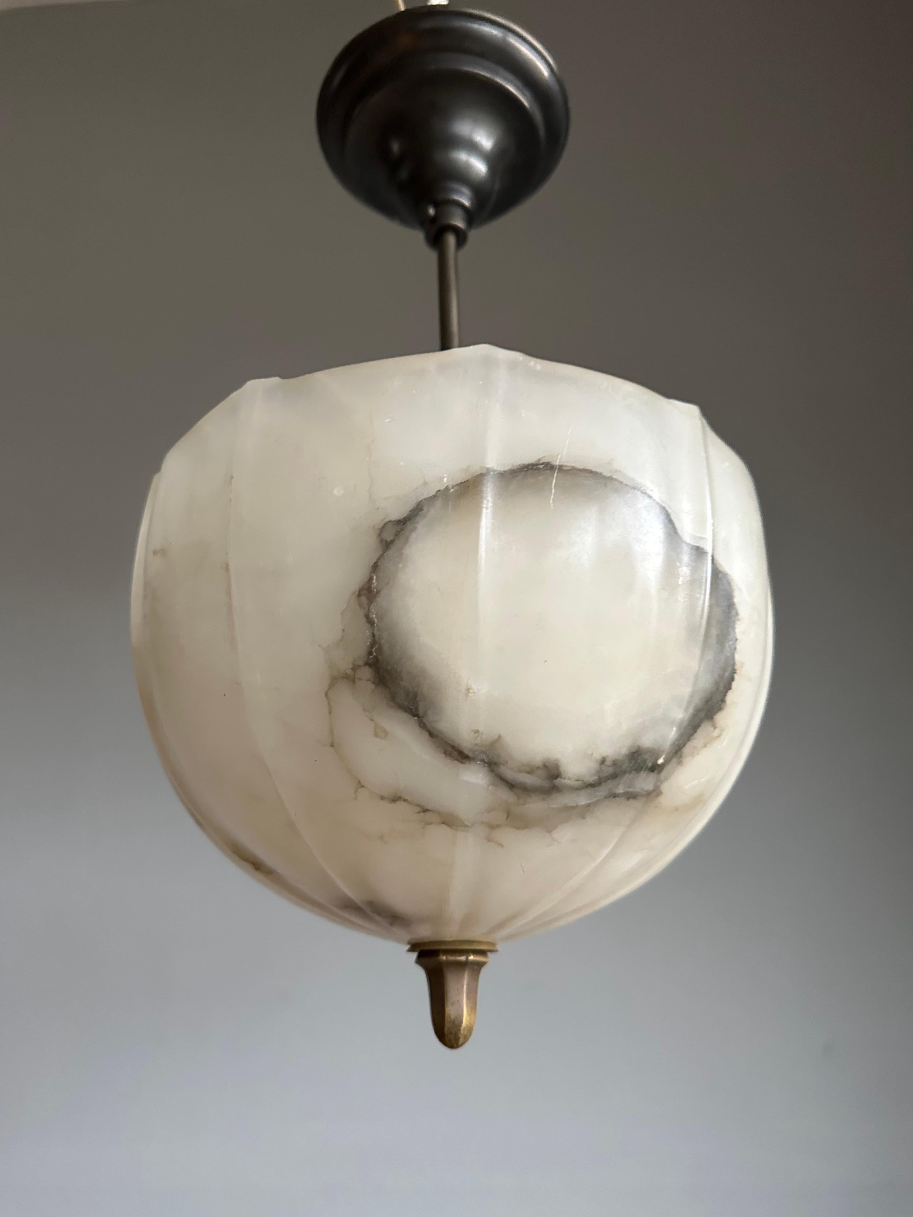 Small Art Deco Alabaster Flush Mount / Pendant w. Bronzed Stem, Finial & Canopy For Sale 10