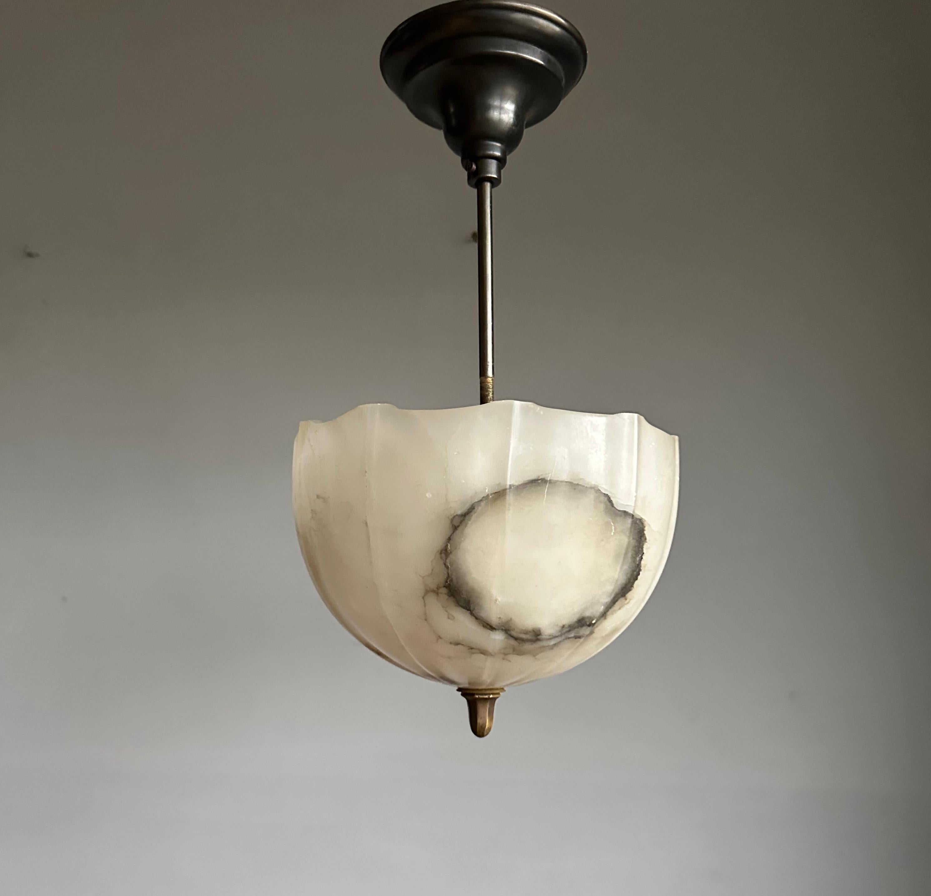 Small Art Deco Alabaster Flush Mount / Pendant w. Bronzed Stem, Finial & Canopy For Sale 11