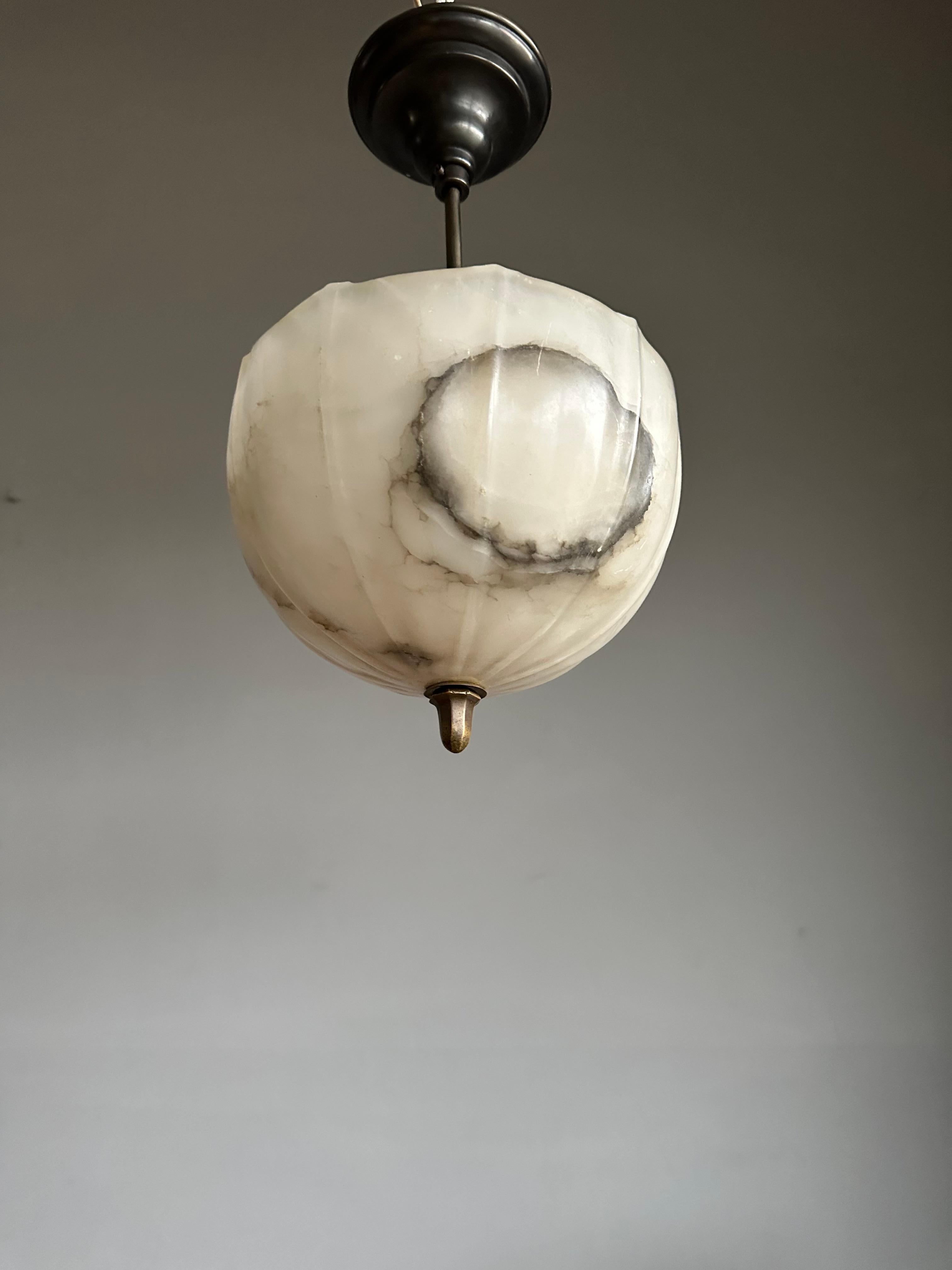 Small Art Deco Alabaster Flush Mount / Pendant w. Bronzed Stem, Finial & Canopy For Sale 12