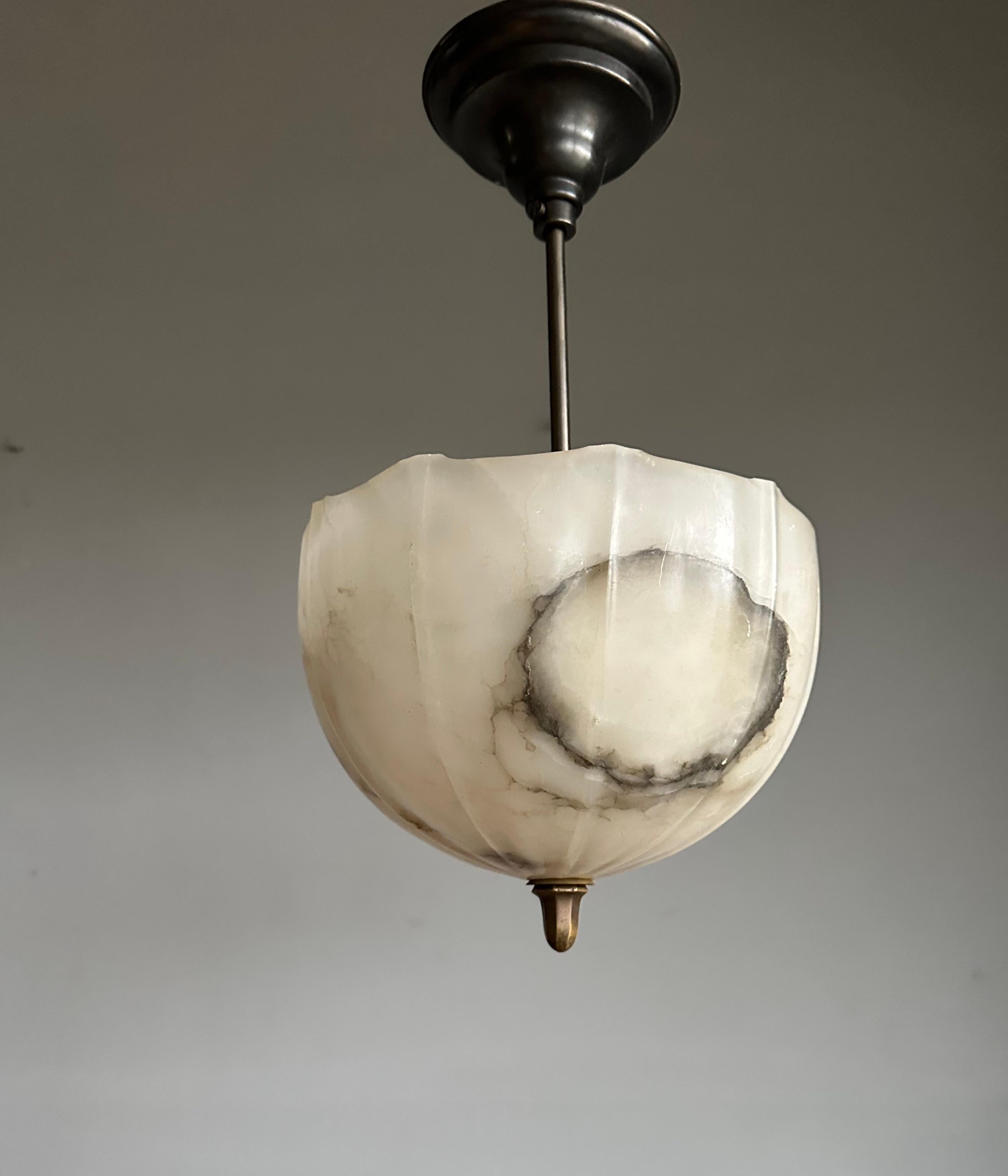 Small Art Deco Alabaster Flush Mount / Pendant w. Bronzed Stem, Finial & Canopy For Sale 13