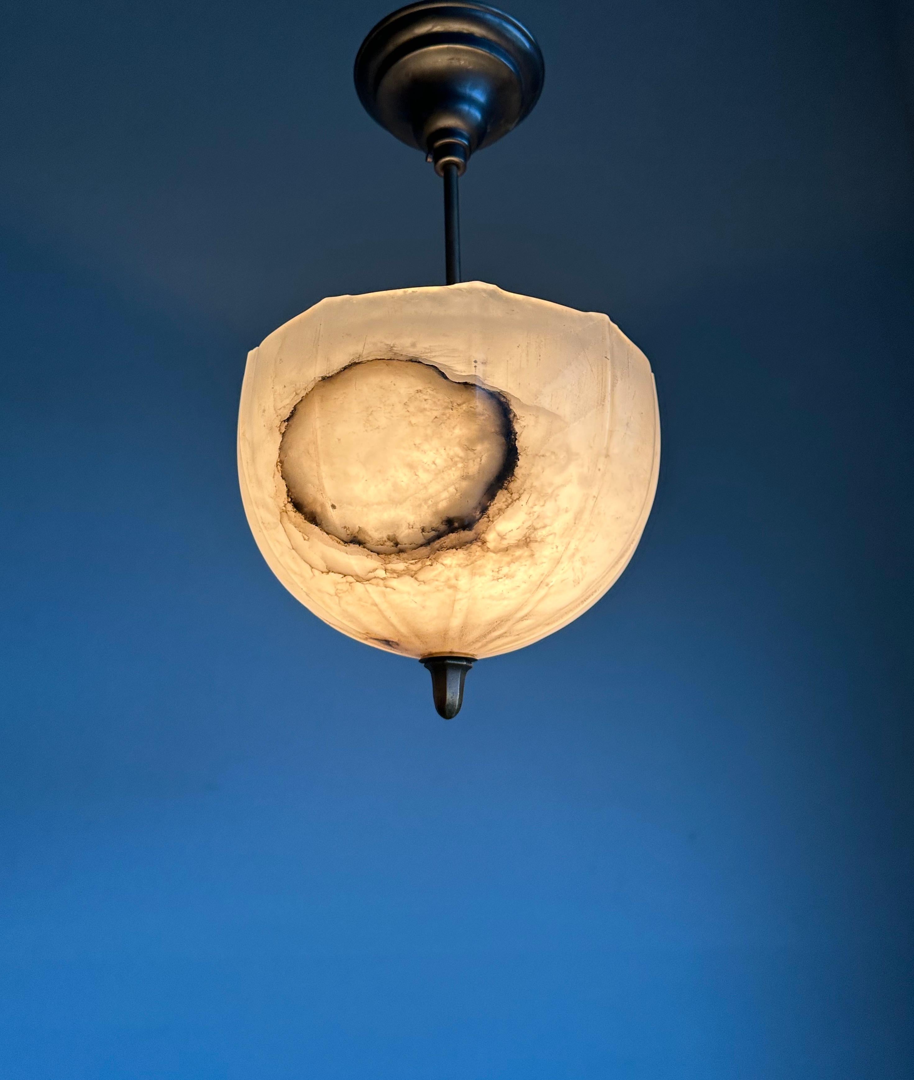 Polished Small Art Deco Alabaster Flush Mount / Pendant w. Bronzed Stem, Finial & Canopy For Sale