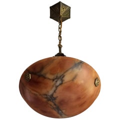 Small Art Deco Alabaster Pendant with Gilt Hexagonal Rosettes & Matching Canopy