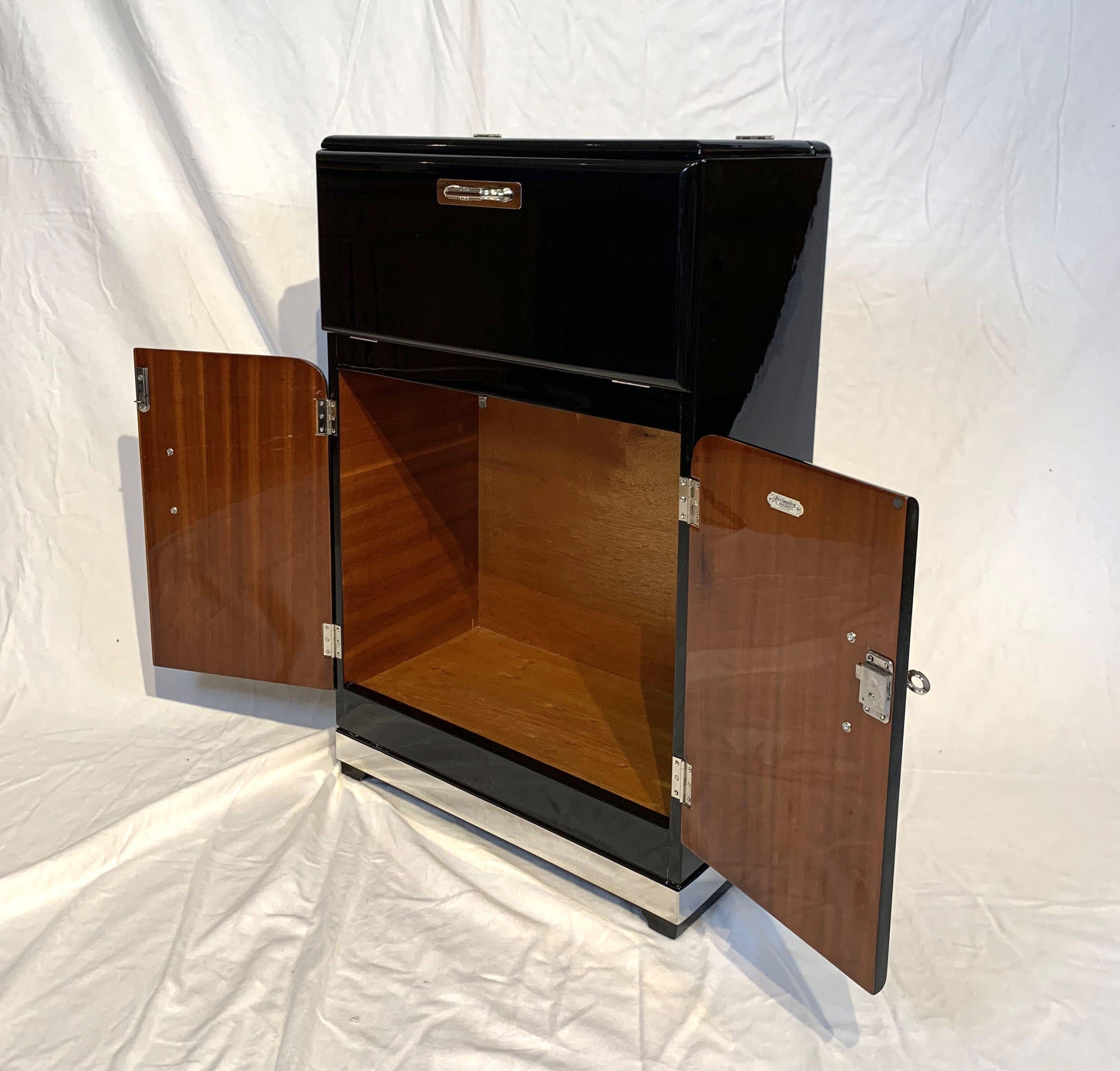 Galvanized Small Art Deco Bar Cabinet, Black Lacquer and Nickel, London, UK, 1930s
