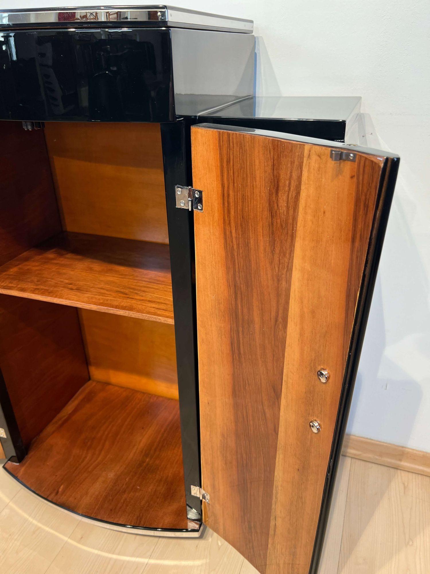 Small Art Deco Bar Cabinet, Black Lacquer, Nickel, Walnut, France circa 1930 1