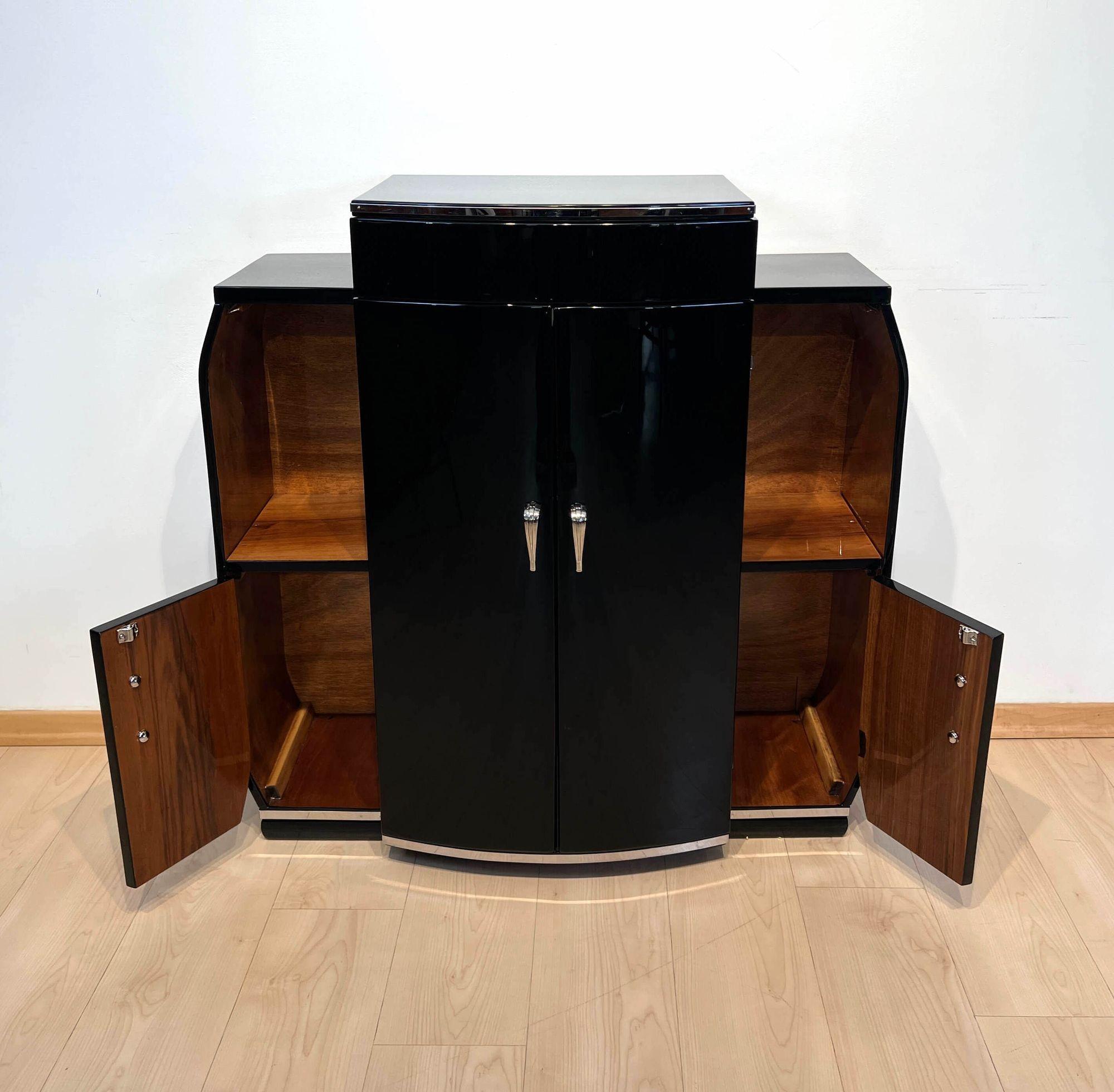 French Small Art Deco Bar Cabinet, Black Lacquer, Nickel, Walnut, France circa 1930