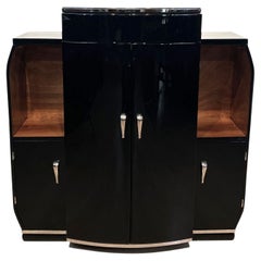 Small Art Deco Bar Cabinet, Black Lacquer, Nickel, Walnut, France circa 1930