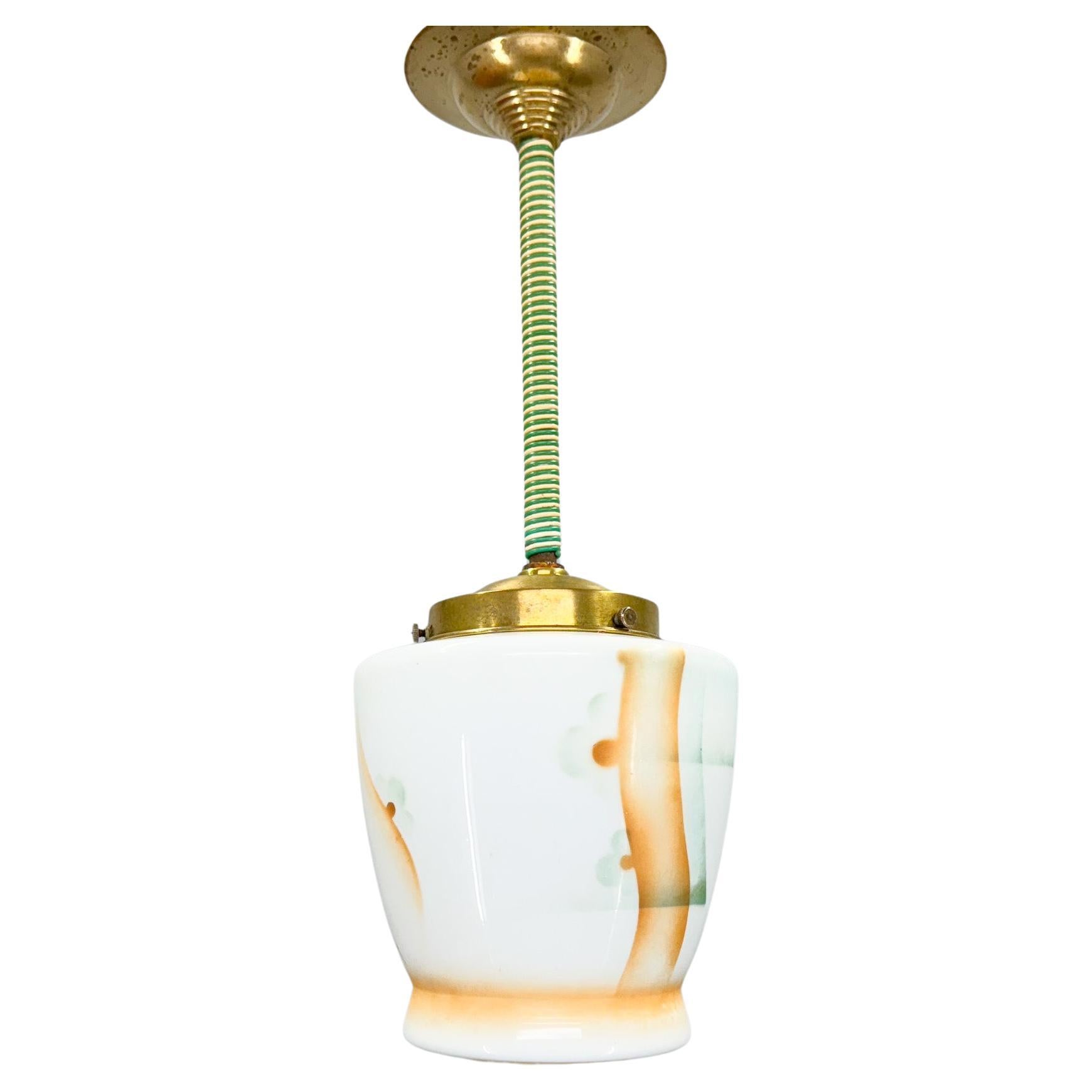 Small Art Deco Brass & Coloured Glass Pendant Ligt, Germany 1930's, Restored