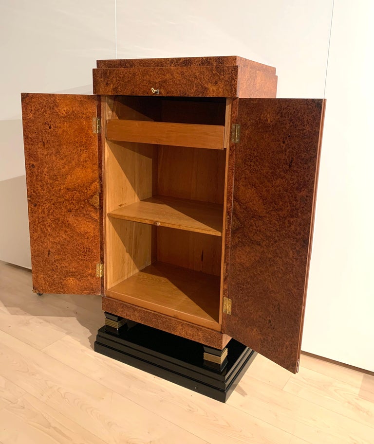 Small Art Deco Cabinet, Amboyna Roots, Leather and Brass, France, circa 1930 at 1stDibs