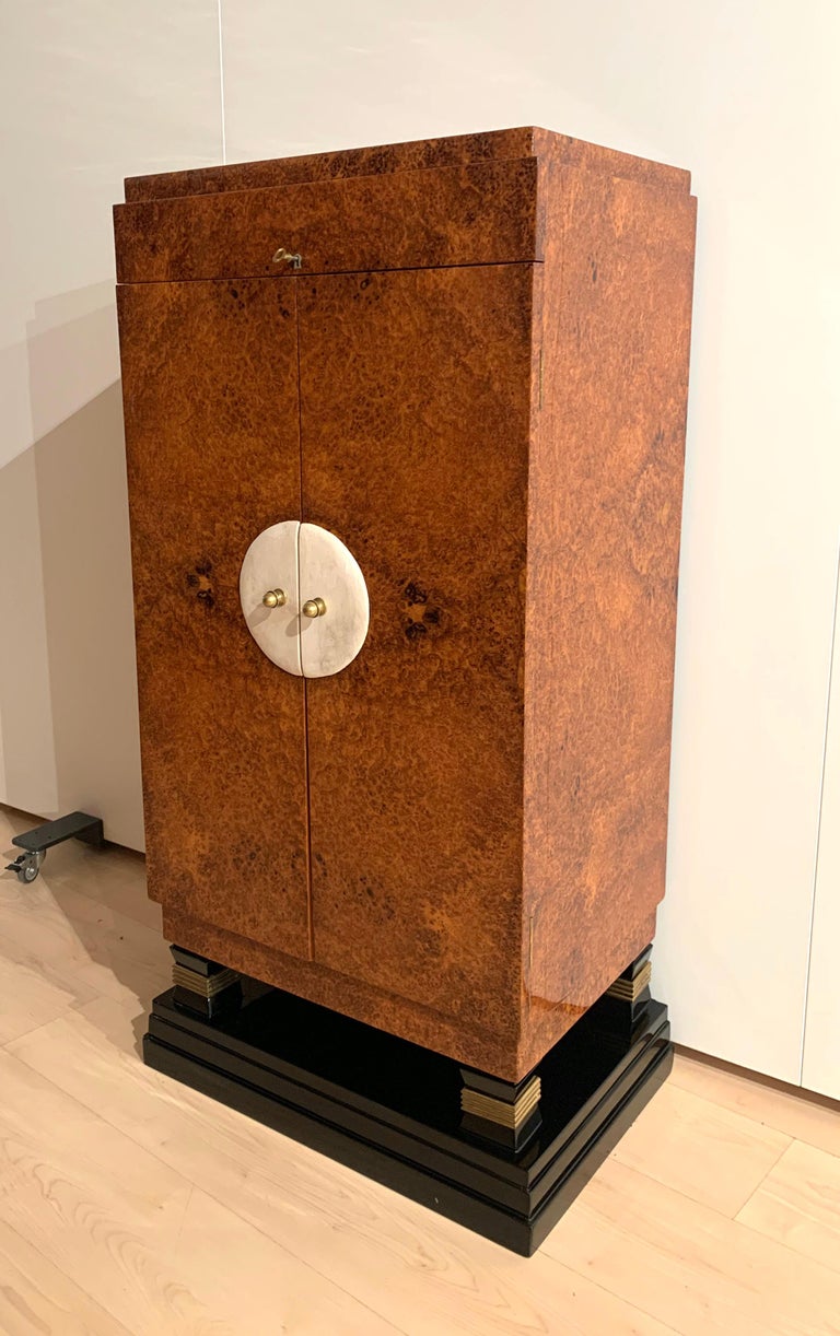 Small Art Deco Cabinet, Amboyna Roots, Leather and Brass, France, circa 1930 at 1stDibs