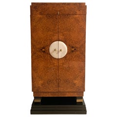 Small Art Deco Cabinet, Amboyna Roots, Leather and Brass, France, circa 1930