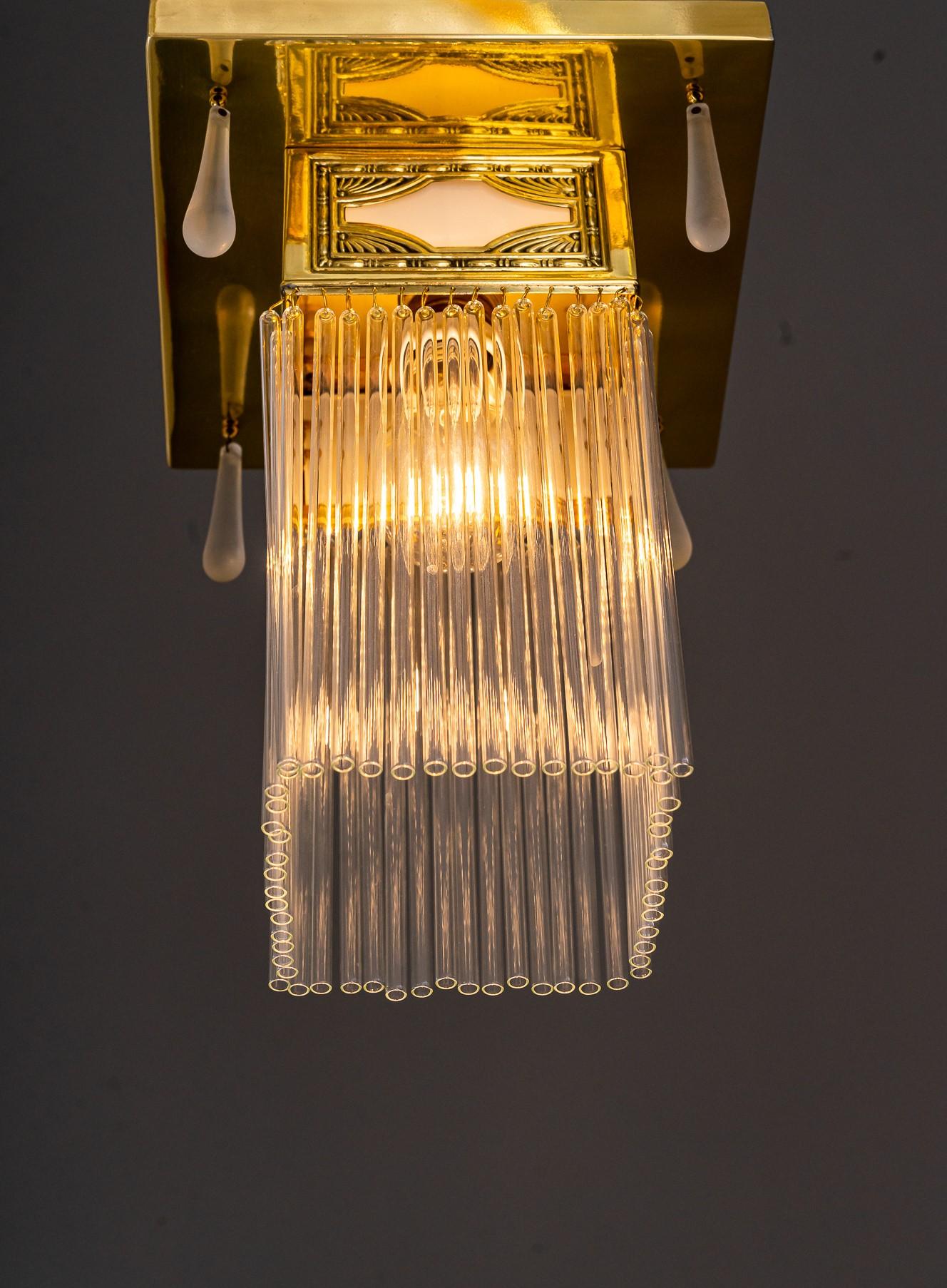 Brass Small Art Deco Ceiling Lamp with Glass Sticks Around 1920s