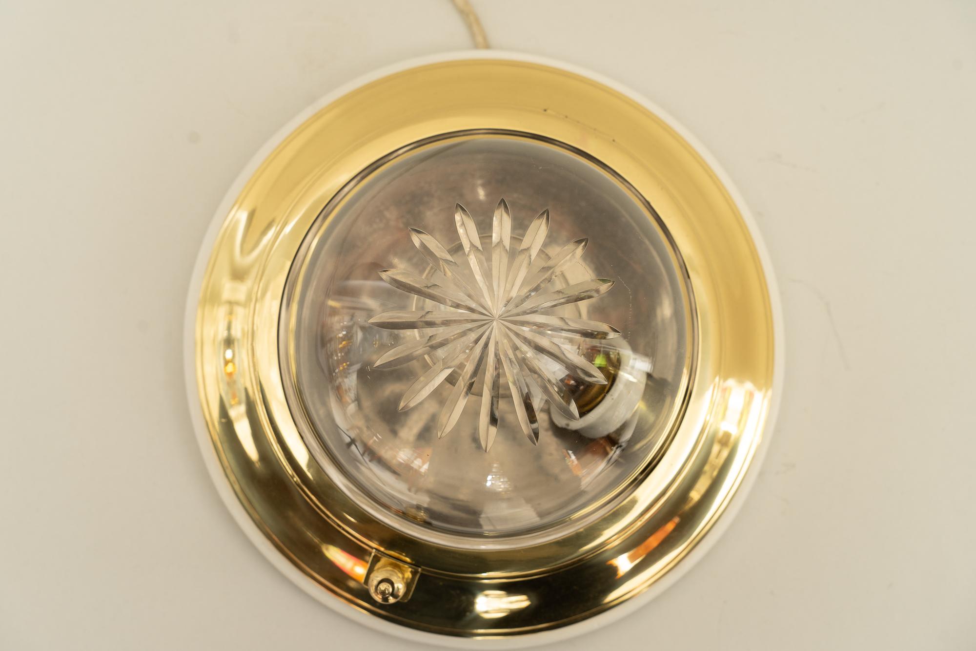 Brass Small Art Deco Ceiling Lamp with Original Cut Glass Shade, Around 1920s For Sale