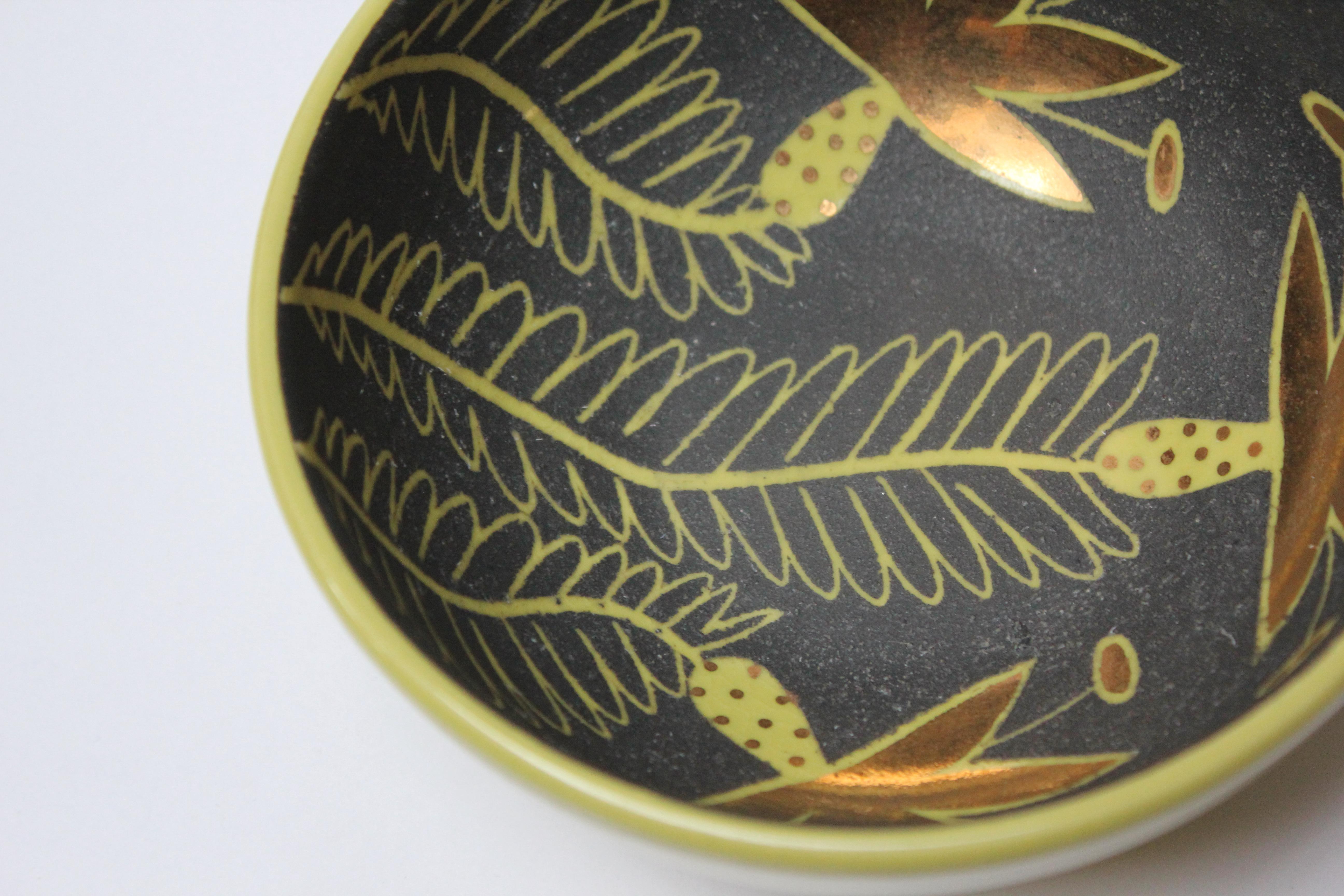 Small Art Deco Chartreuse and Gold Leaf Ceramic Bowl by Waylande Gregory 1