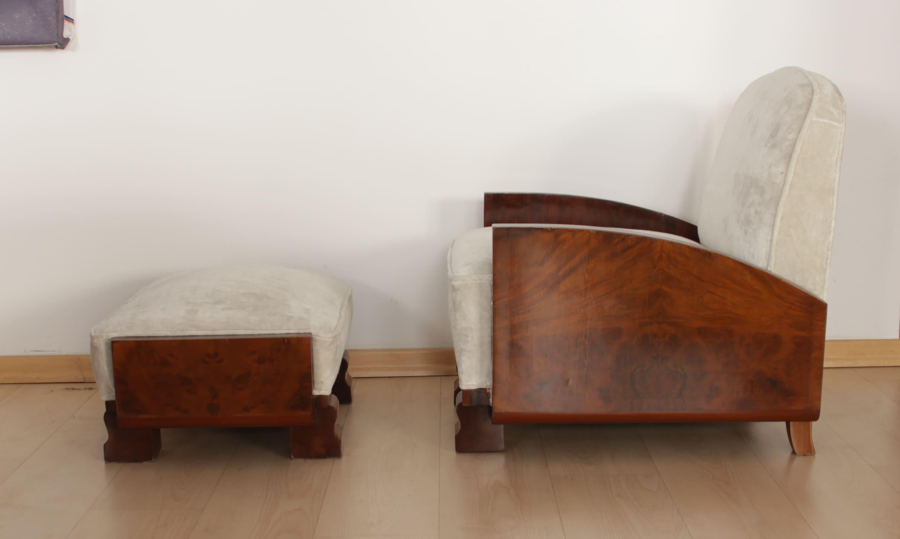 Small Art Deco Club Chair with Ottoman, Mahogany, Rosewood and Velvet, 1930s (Art déco)