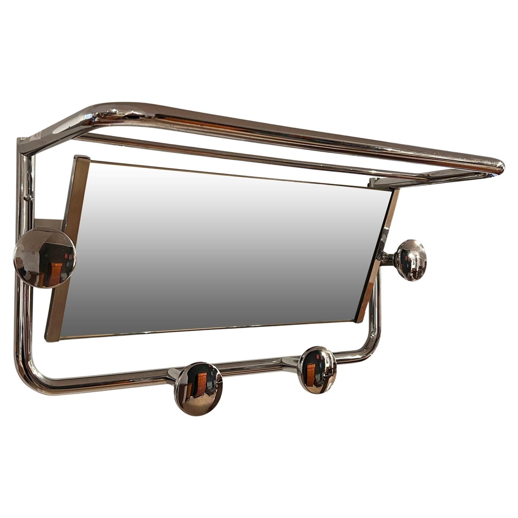 Piccolo appendiabiti Art Deco con specchio, tubo d'acciaio cromato, Francia circa 1930