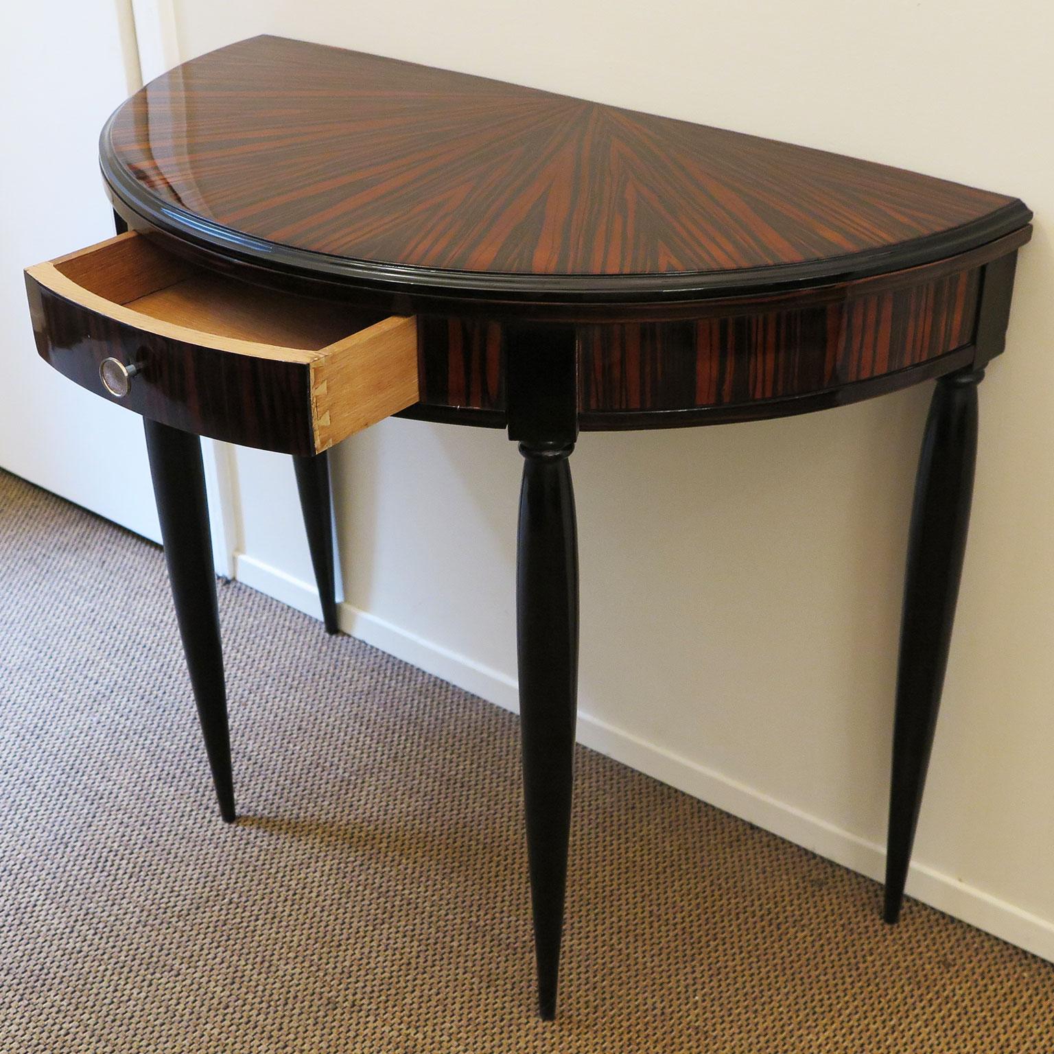 20th Century Small Art Deco Demilune Console in Macassar Ebony and Black Lacquer