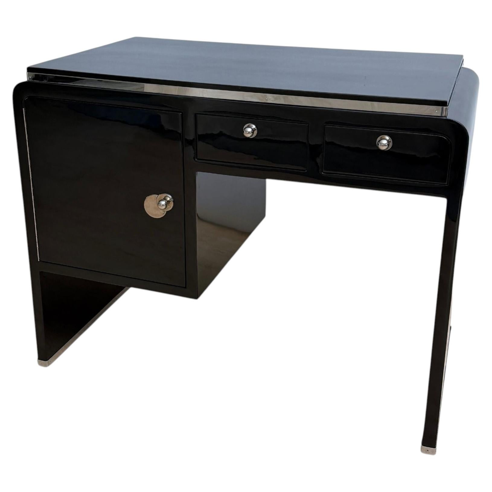Small Art Deco Desk, Black Lacquer, Nickel, Bird's-Eye Maple, France, circa 1930