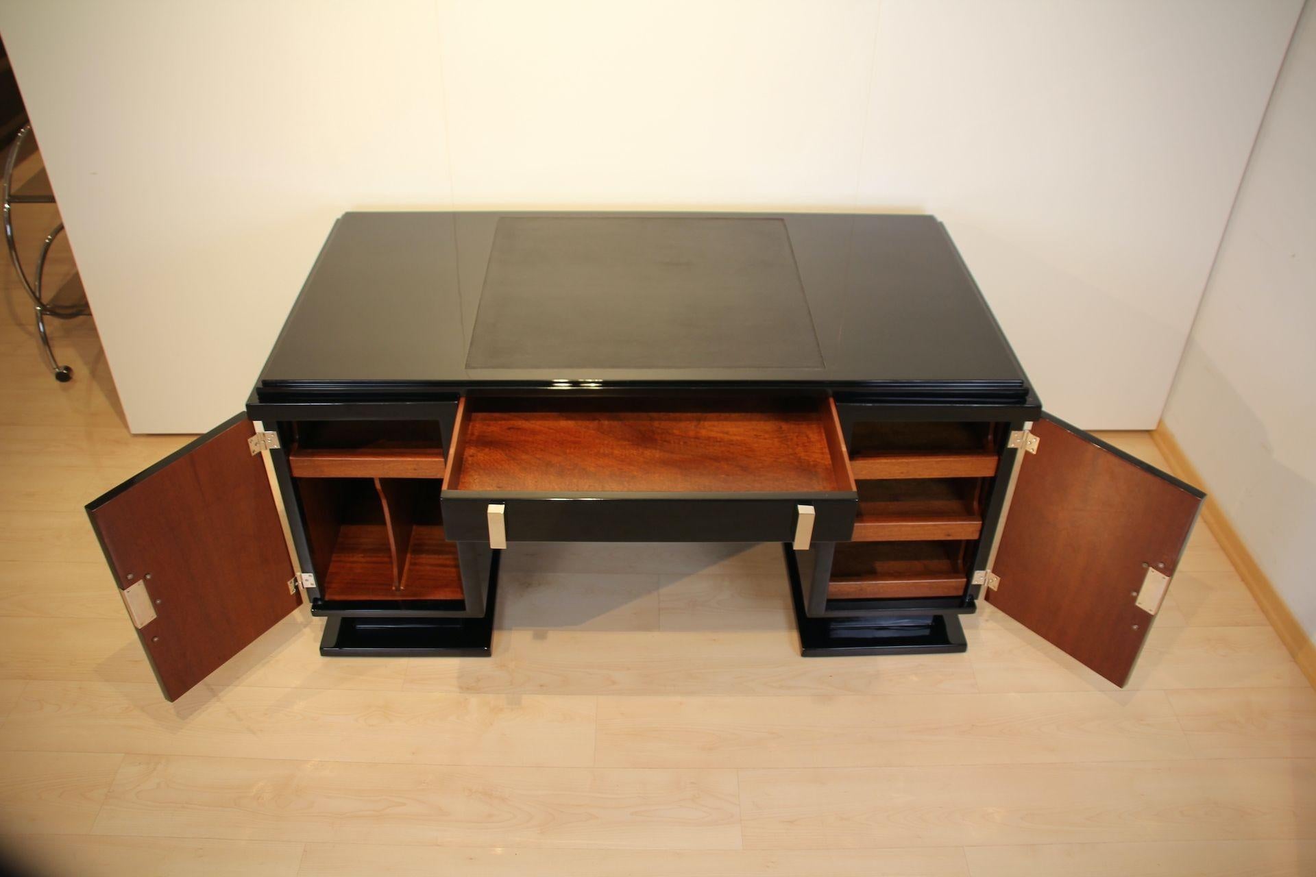 Art Deco Desk, Black Lacquer, Leather, Nickel, France circa 1930 For Sale 7