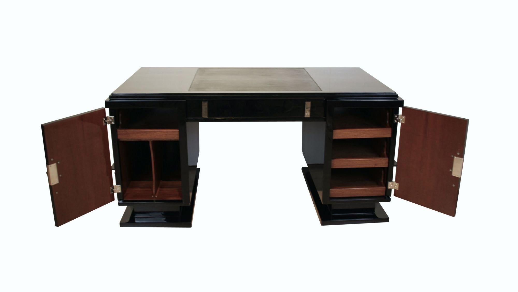 French Art Deco Desk, Black Lacquer, Leather, Nickel, France circa 1930 For Sale