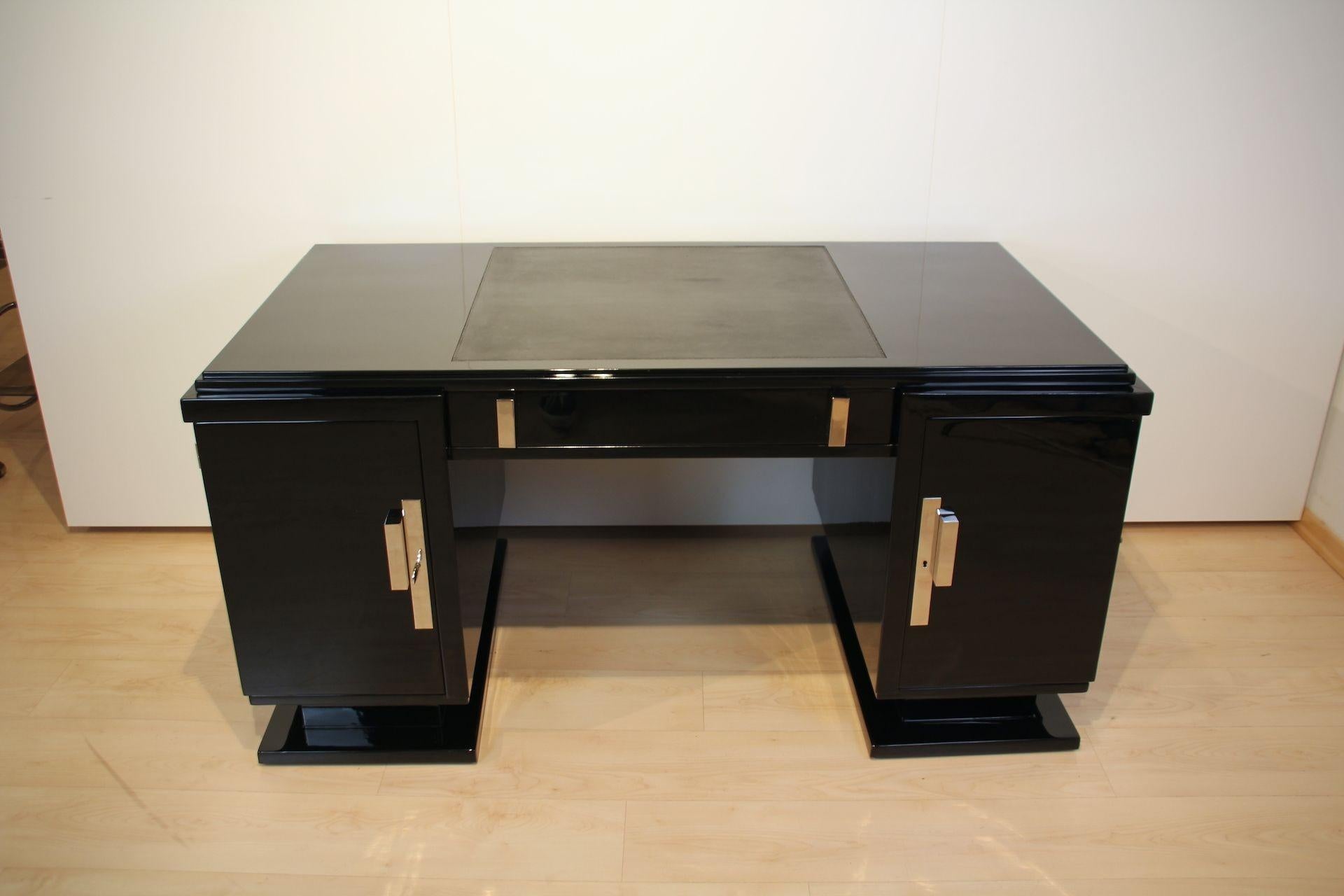 Polished Art Deco Desk, Black Lacquer, Leather, Nickel, France circa 1930 For Sale