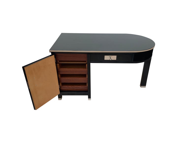 Small Art Deco Desk With Column Leg Black Lacquer And Metal