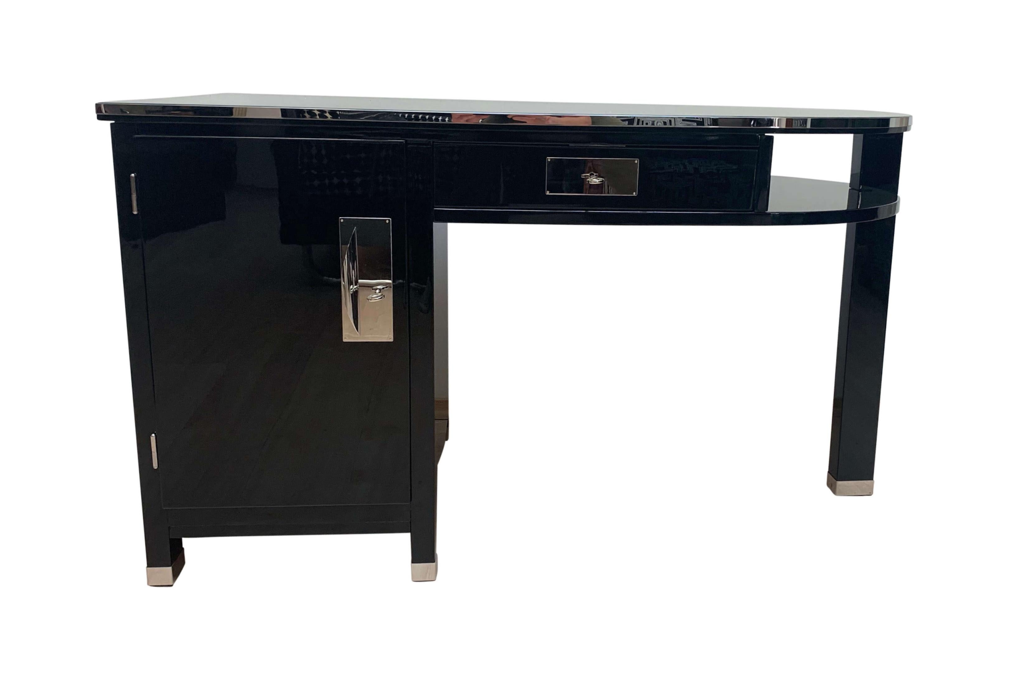 French Small Art Deco Desk with Column Leg, Black Lacquer and Metal, France, circa 1930