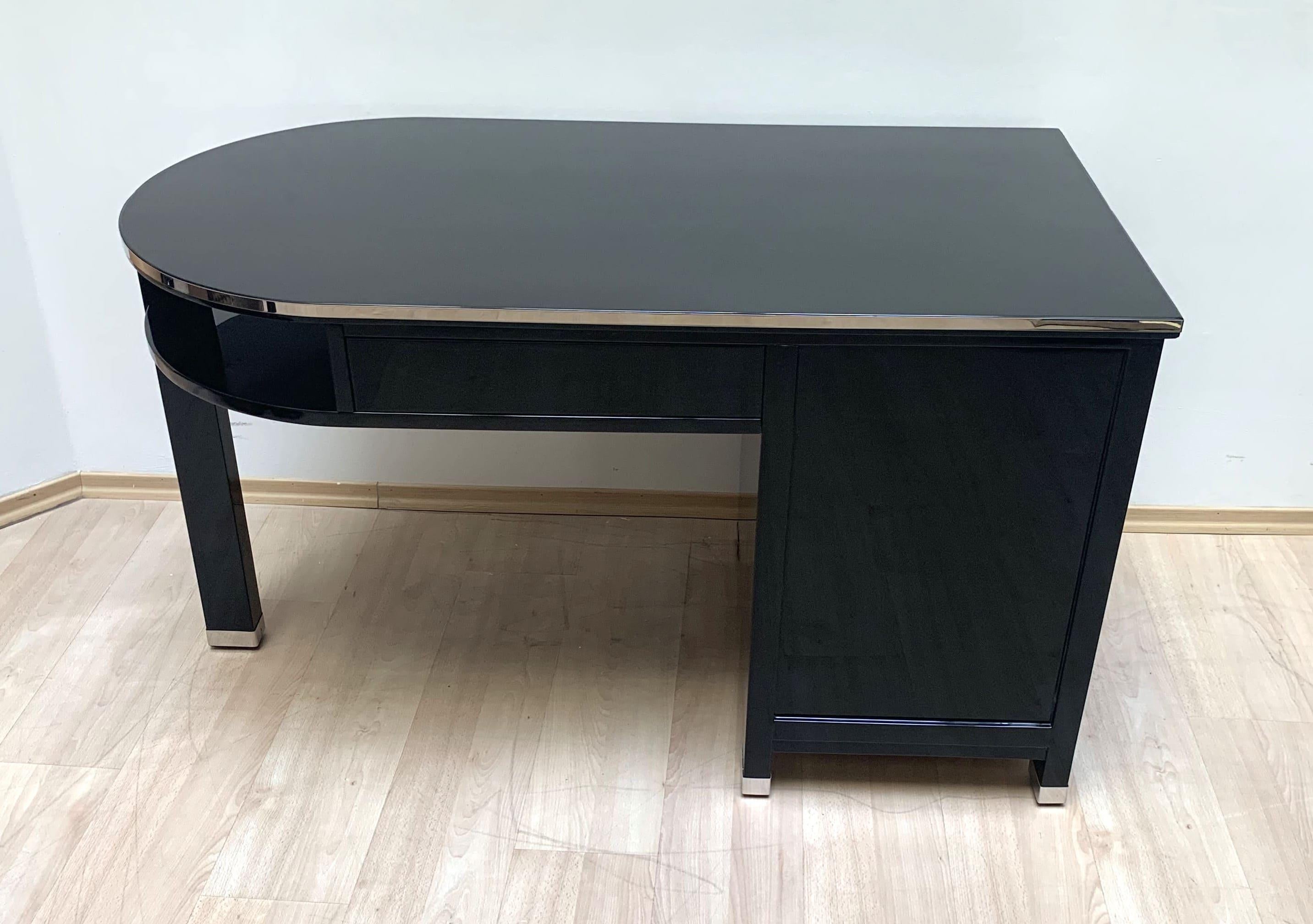 Small Art Deco Desk with Column Leg, Black Lacquer and Metal, France, circa 1930 1