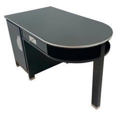 Small Art Deco Desk with Column Leg, Black Lacquer and Metal, France, circa 1930