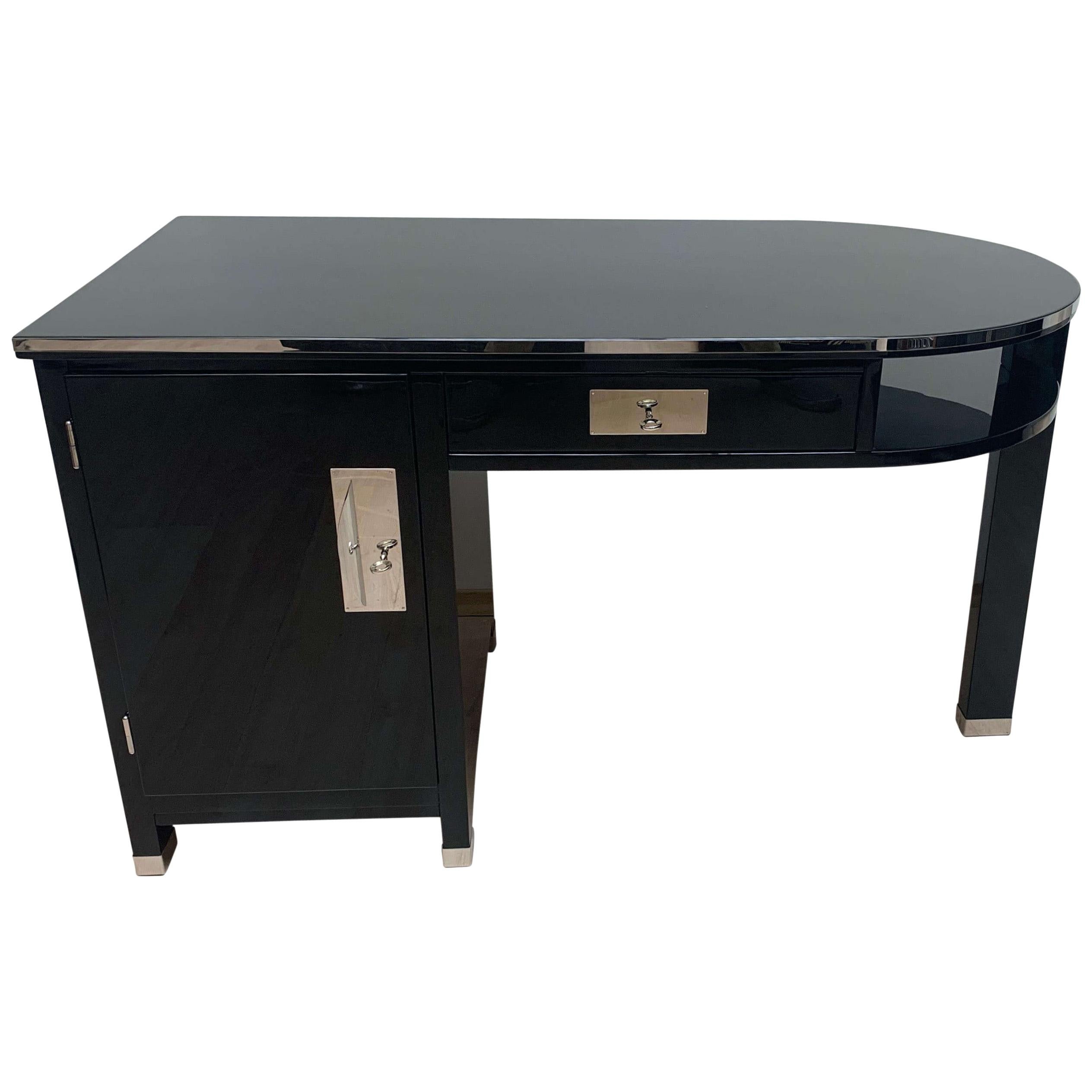Small Art Deco Desk with Column Leg, Black Lacquer and Metal, France, circa 1930