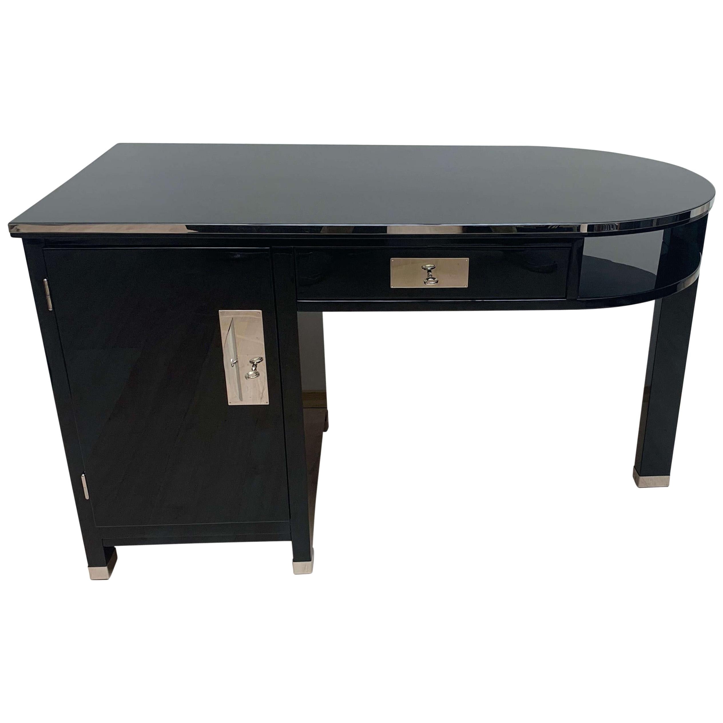 Small Art Deco Desk with Column Leg, Black Lacquer and Metal, France, circa 1930