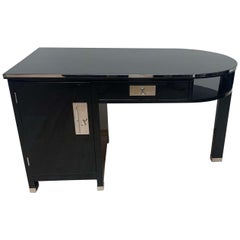 Vintage Small Art Deco Desk with Column Leg, Black Lacquer and Metal, France, circa 1930