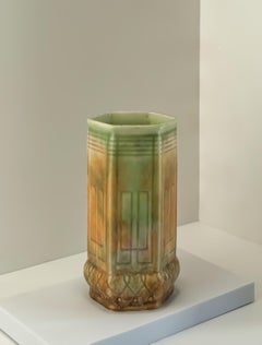 Jarrón de cerámica Art Decó naranja y verde de los años 30 de Beswick Inglaterra