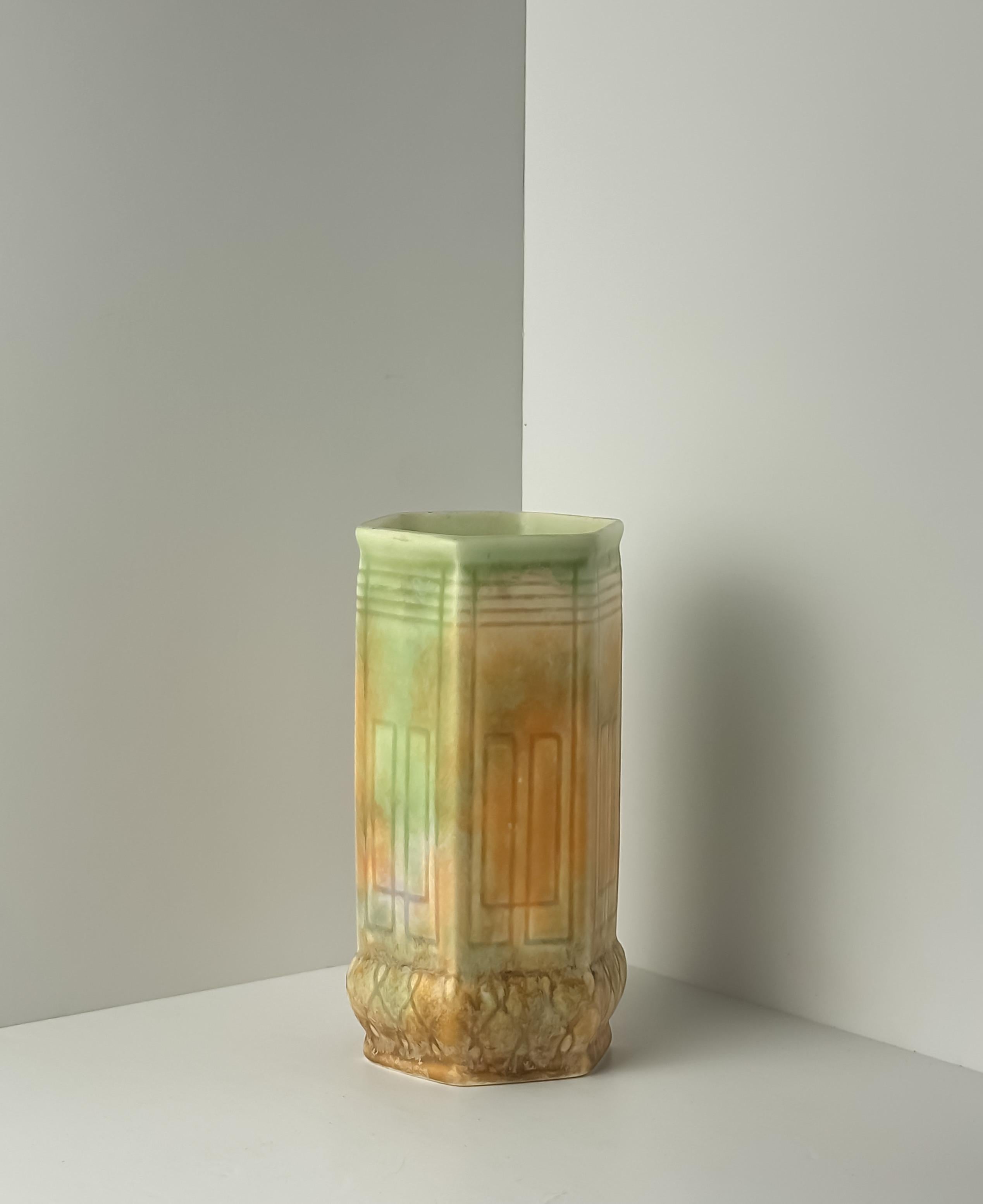 1930s Orange and Green Art Deco Ceramic Drip-Ware Vase by Beswick England 1