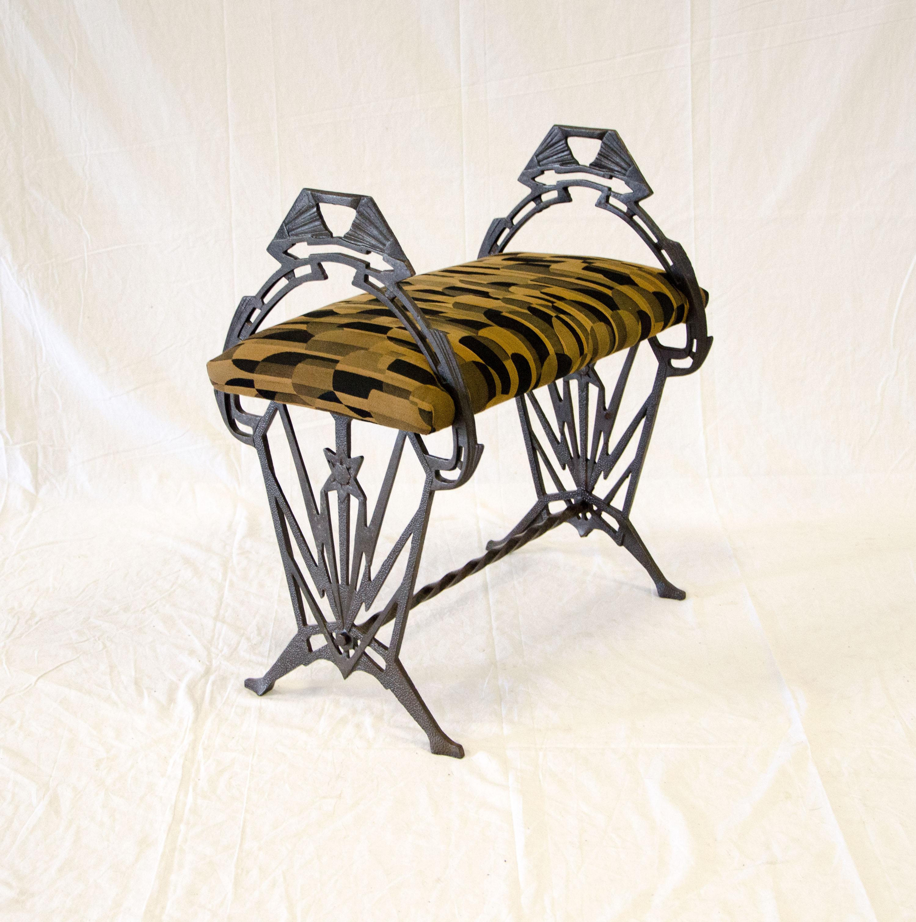 Upholstery Small Art Deco Iron Bench For Sale