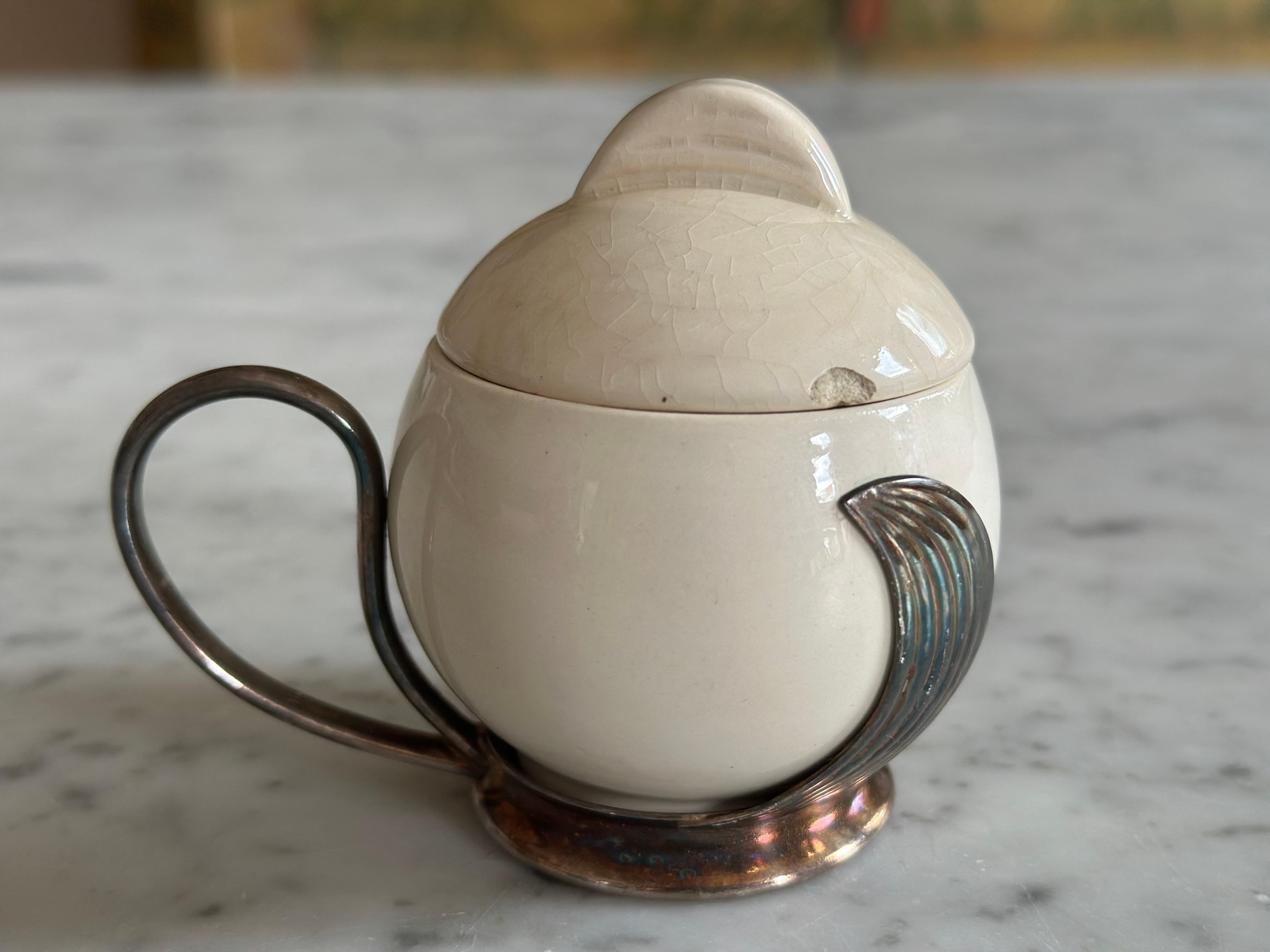 Kleiner Art-Deco-Senftopf von WMF mit Wächtersbach-Keramikeinsatz (Art déco) im Angebot