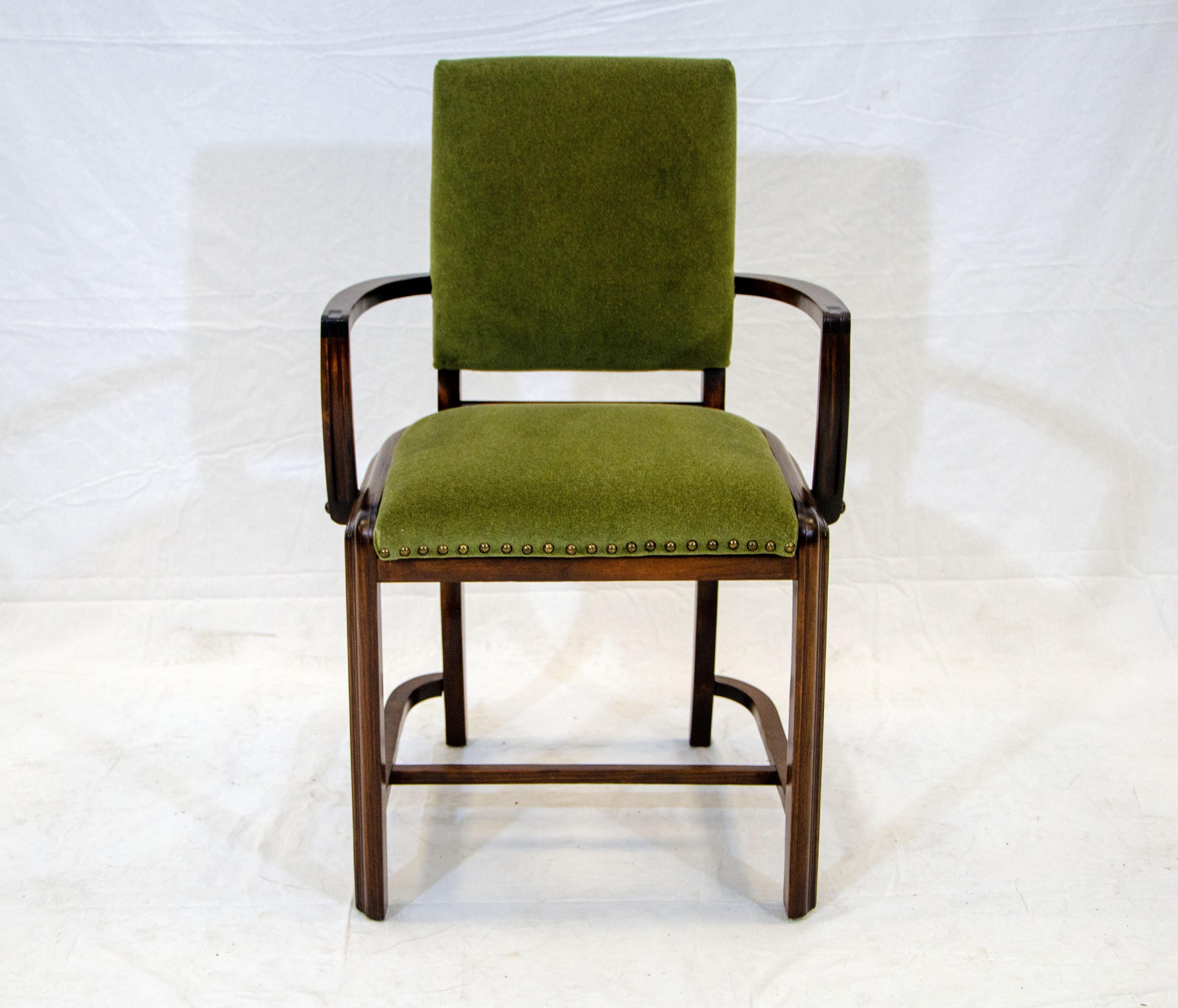 A small Art Deco armchair is suitable for a bedroom accent or a space that needs a small piece of furniture. The new upholstery is a heavy cotton velvet that is close to a mohair appearance. The frame is birch refinished with a dyed and stained to a