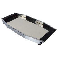 Small Art Deco Octagonal Tray in Chrome and Blackened Wood with Mirrored Glass