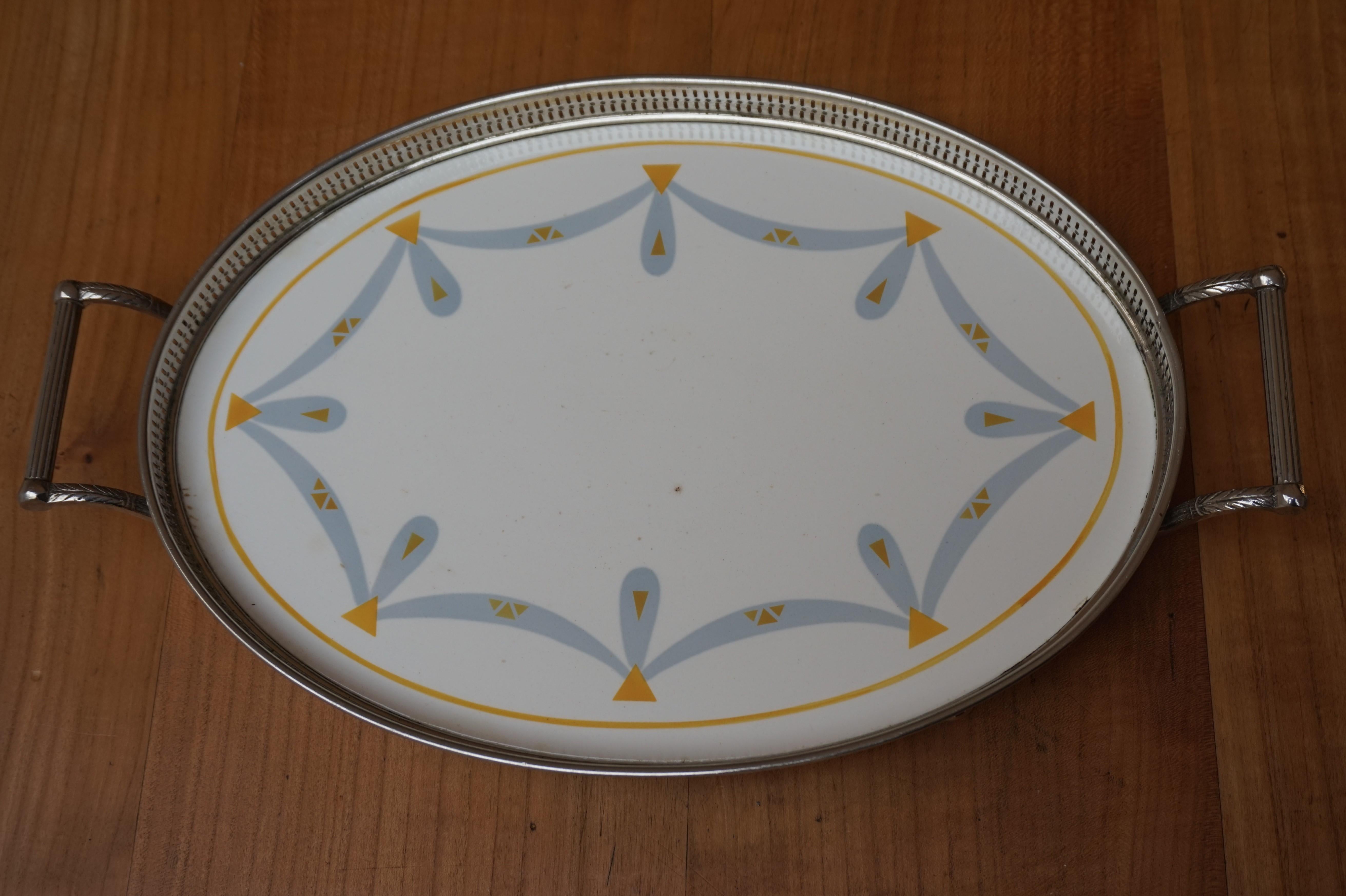Small Art Deco Oval Porcelain Tile Serving Tray with Stylish Yellow & Gray Motif For Sale 9