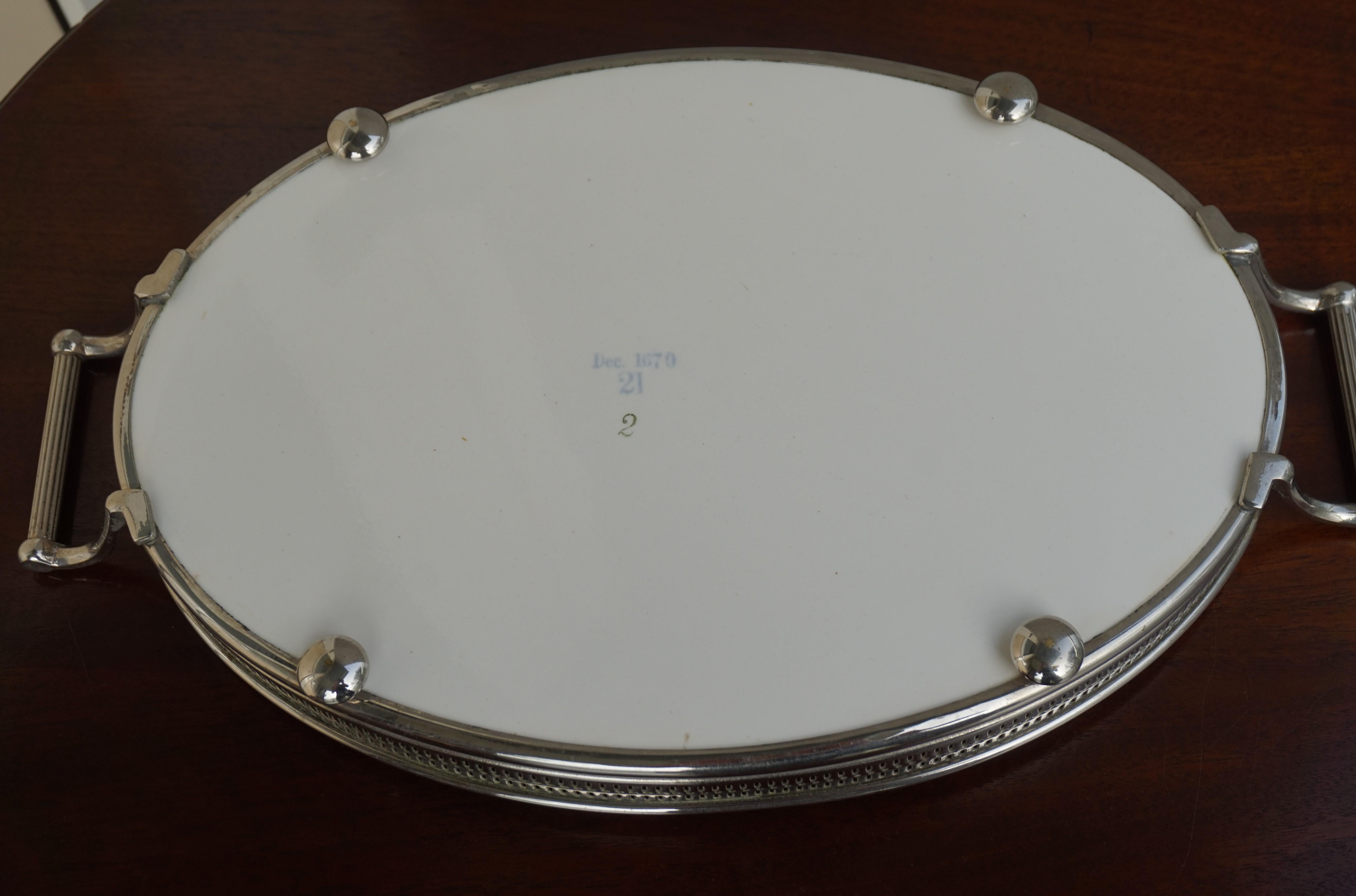 Small Art Deco Oval Porcelain Tile Serving Tray with Stylish Yellow & Gray Motif For Sale 2